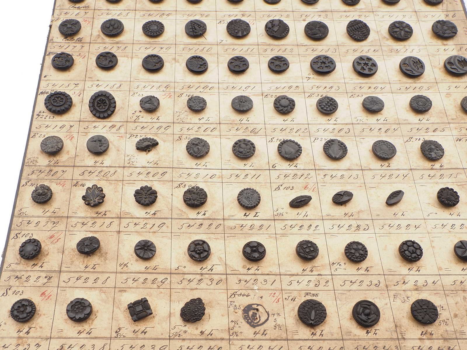 Sample card (134) Czech antique black glass buttons geometric floral 