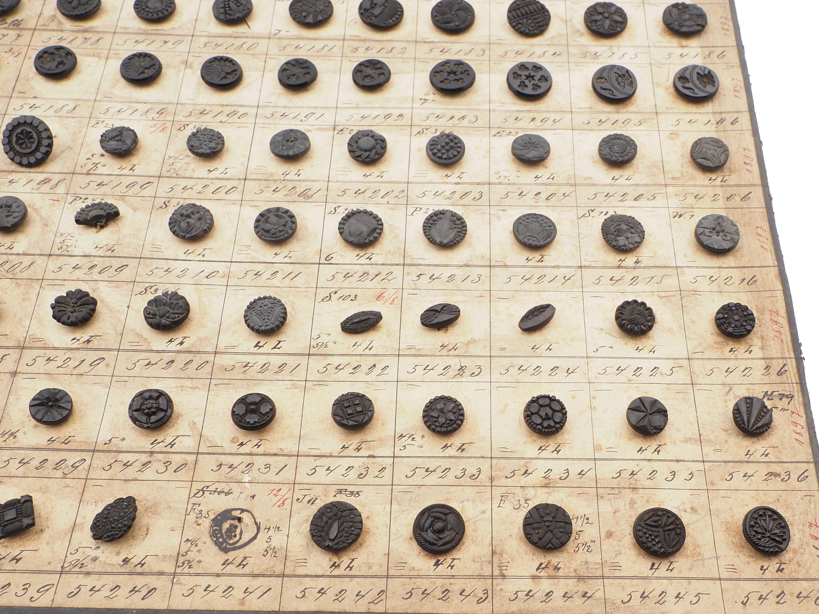 Sample card (134) Czech antique black glass buttons geometric floral 