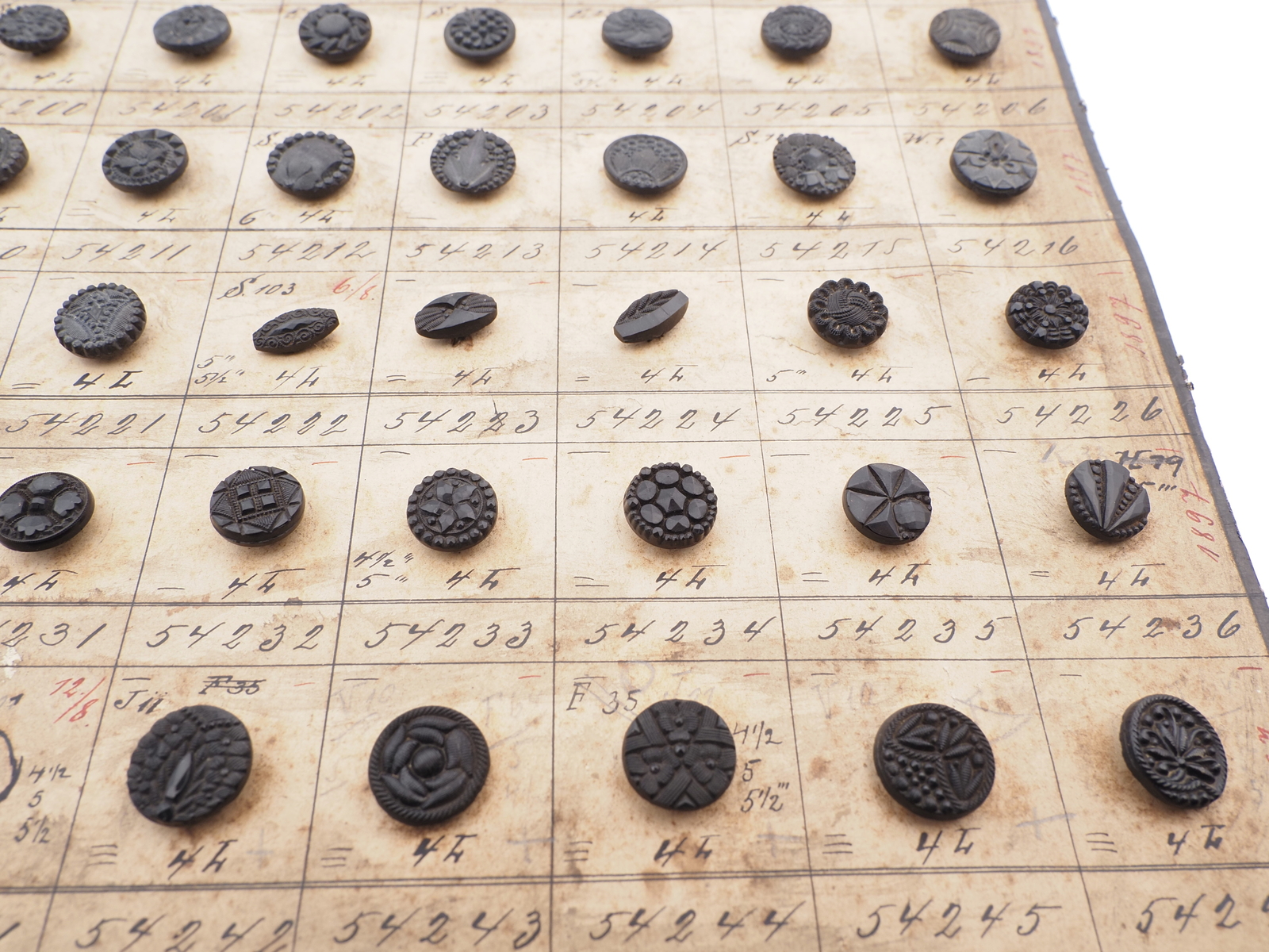 Sample card (134) Czech antique black glass buttons geometric floral 