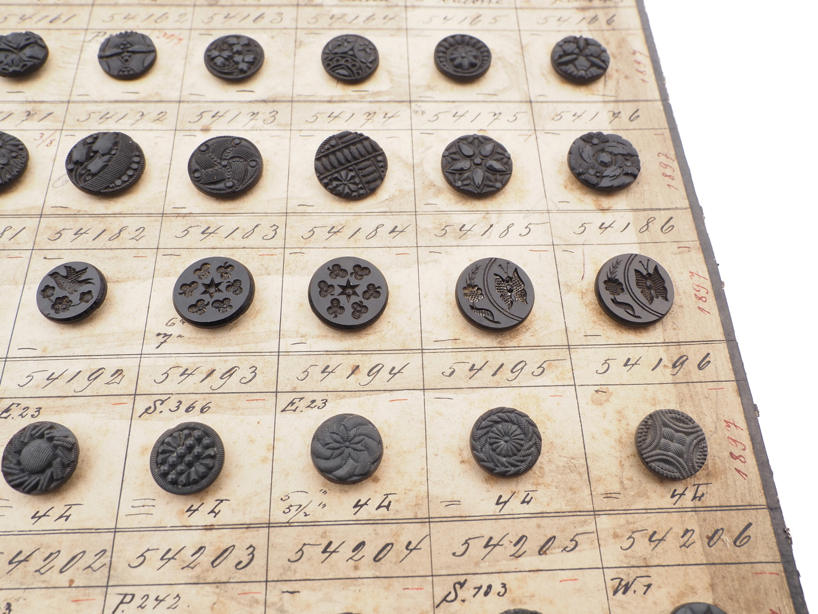 Sample card (134) Czech antique black glass buttons geometric floral 