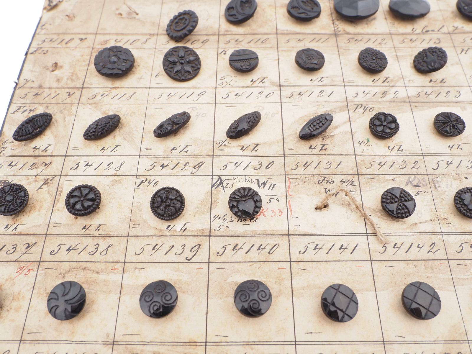 Sample card (134) Czech antique black glass buttons geometric floral 