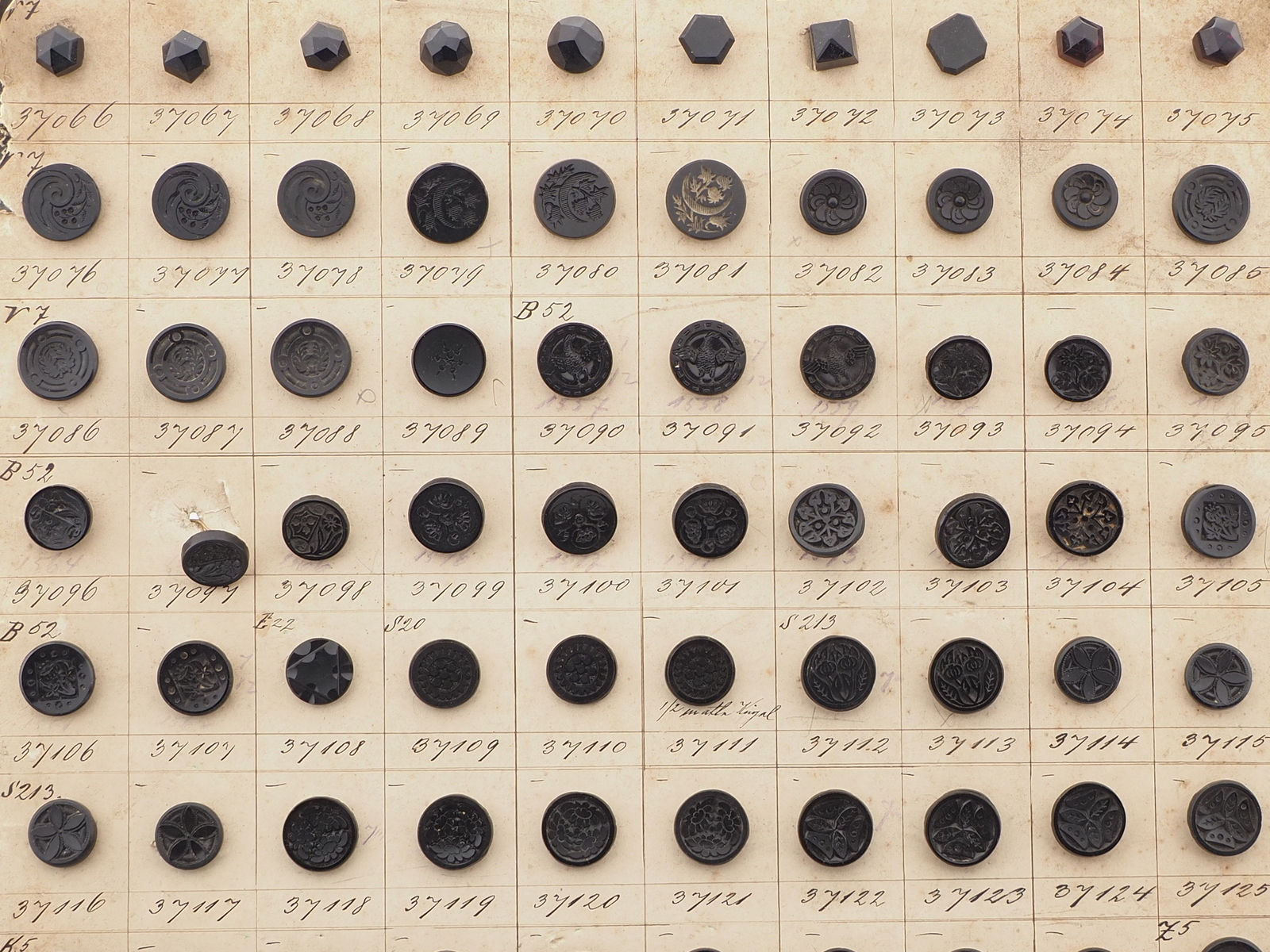 Sample card (139) Czech antique black glass buttons geometric floral carved 