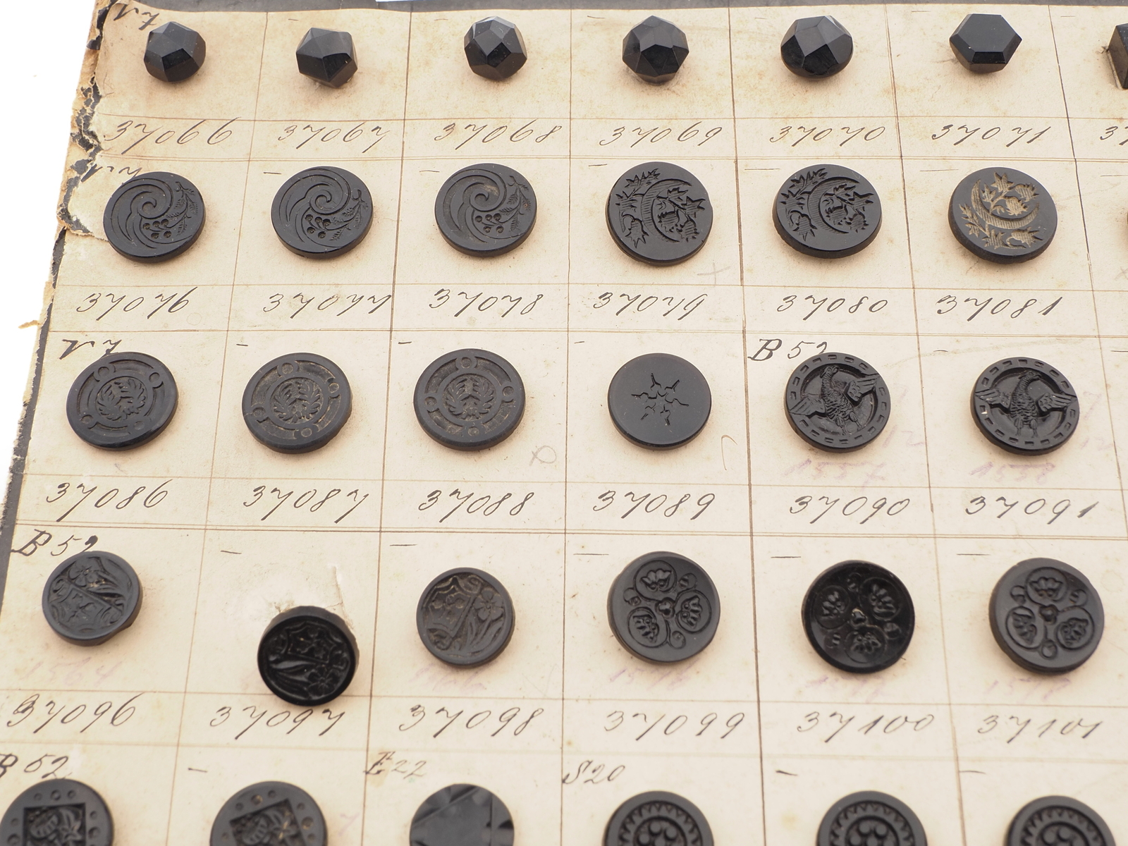 Sample card (139) Czech antique black glass buttons geometric floral carved 