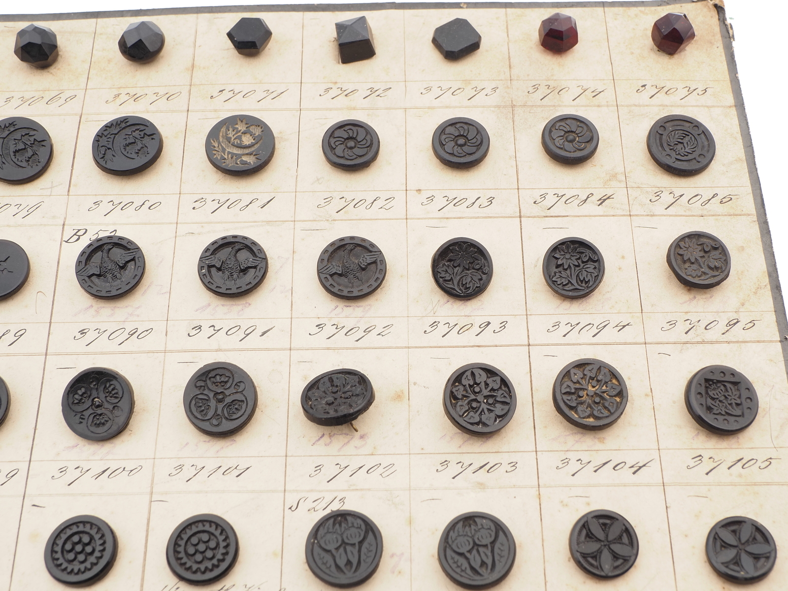 Sample card (139) Czech antique black glass buttons geometric floral carved 