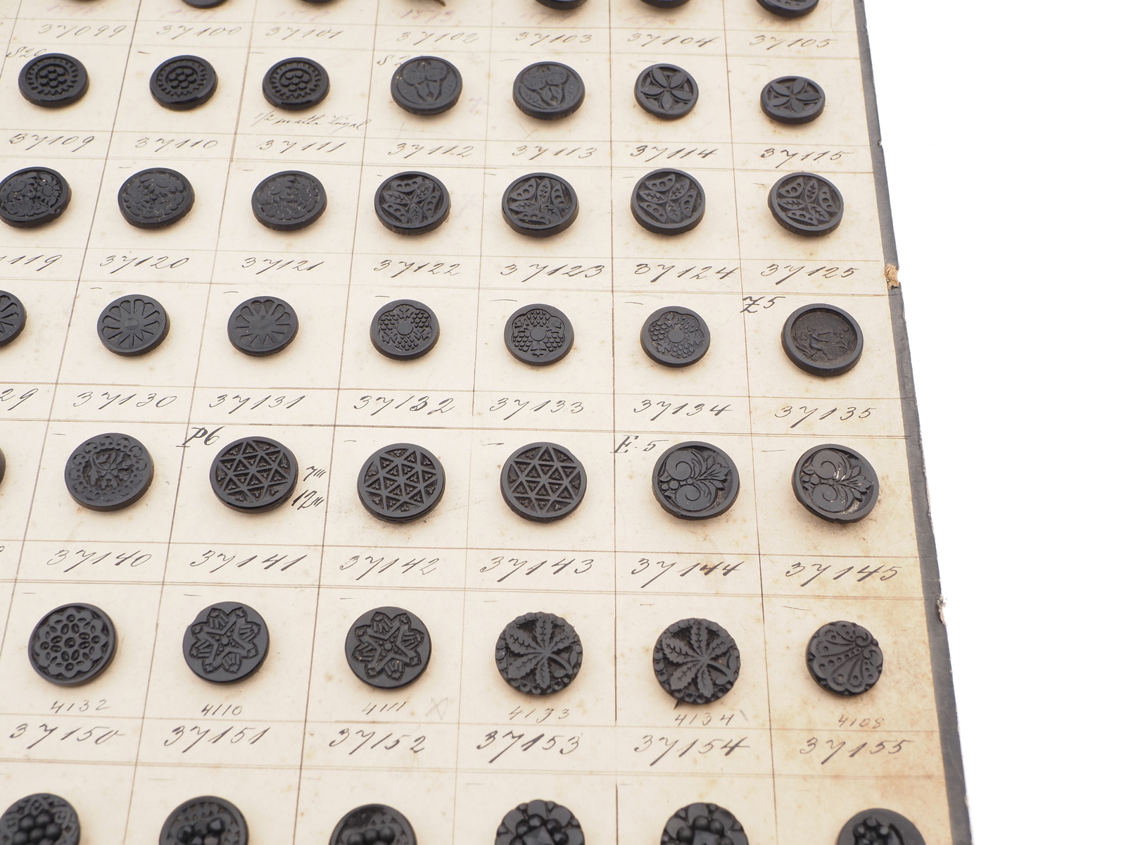 Sample card (139) Czech antique black glass buttons geometric floral carved 