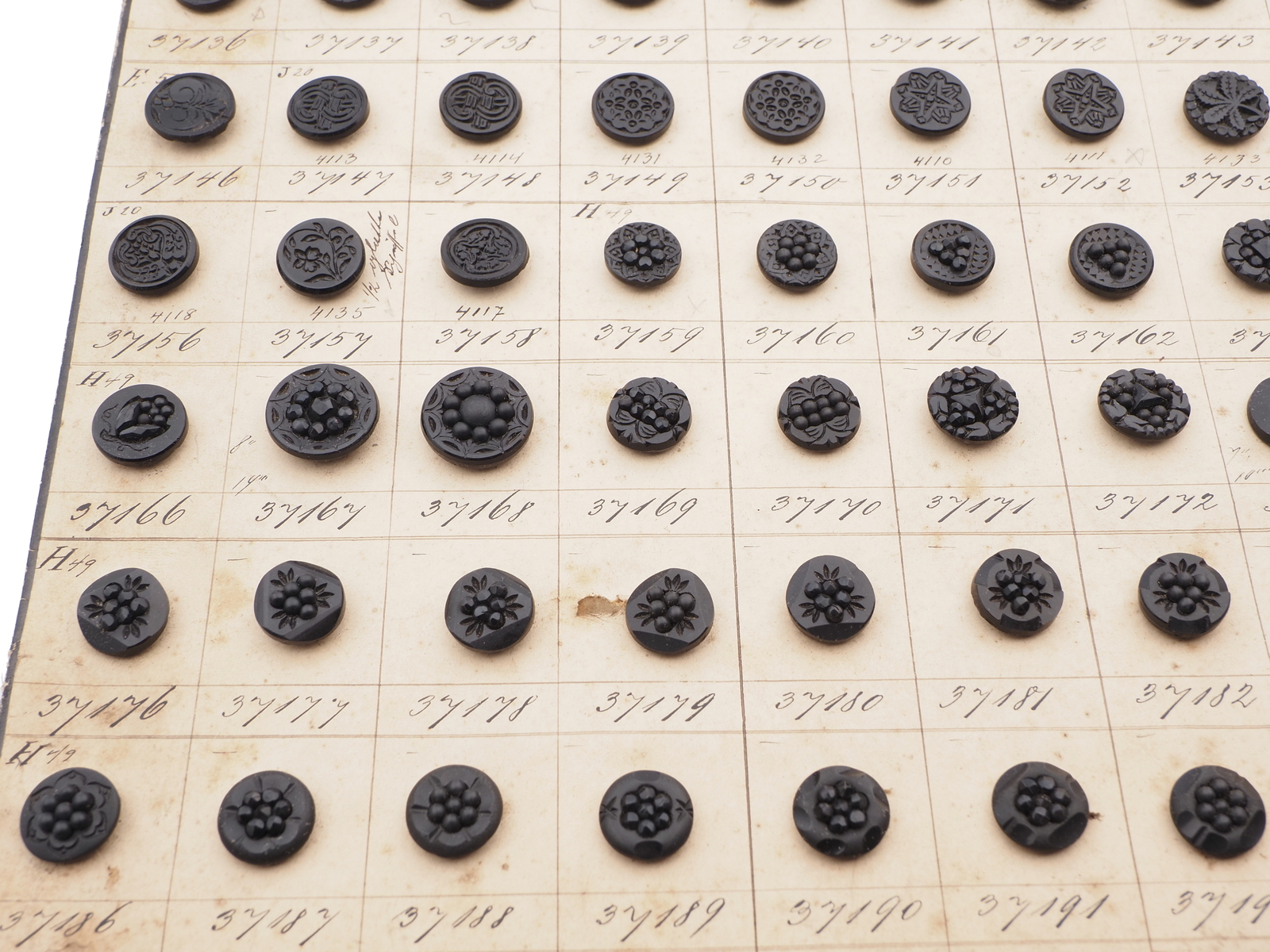 Sample card (139) Czech antique black glass buttons geometric floral carved 