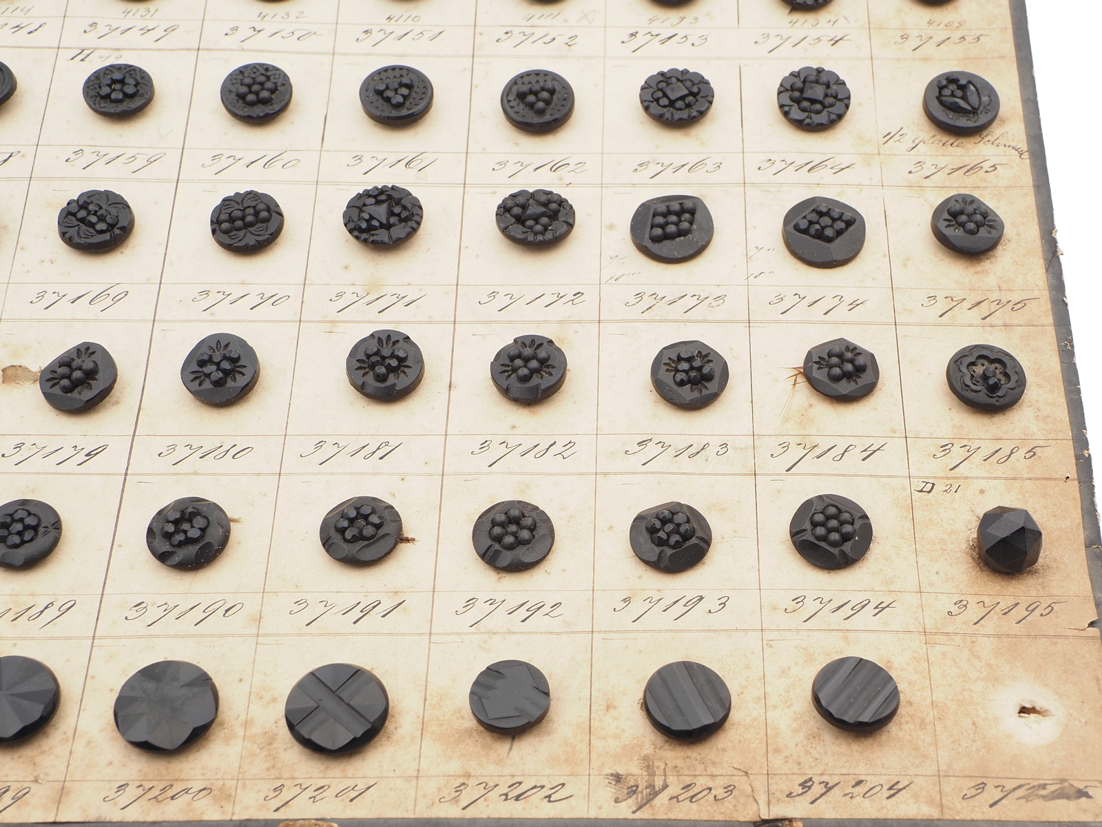 Sample card (139) Czech antique black glass buttons geometric floral carved 
