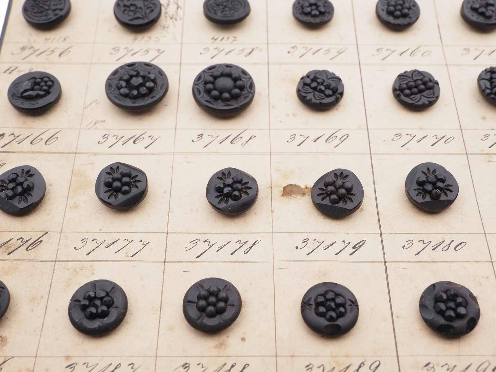 Sample card (139) Czech antique black glass buttons geometric floral carved 