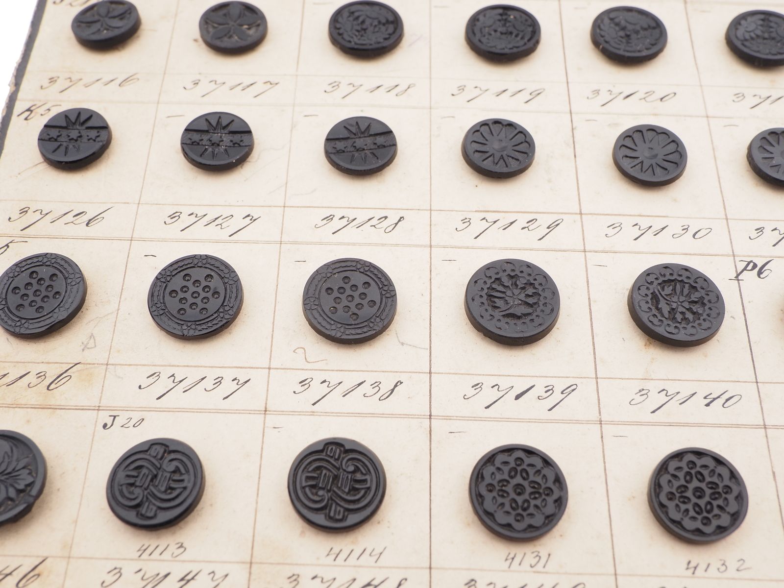 Sample card (139) Czech antique black glass buttons geometric floral carved 
