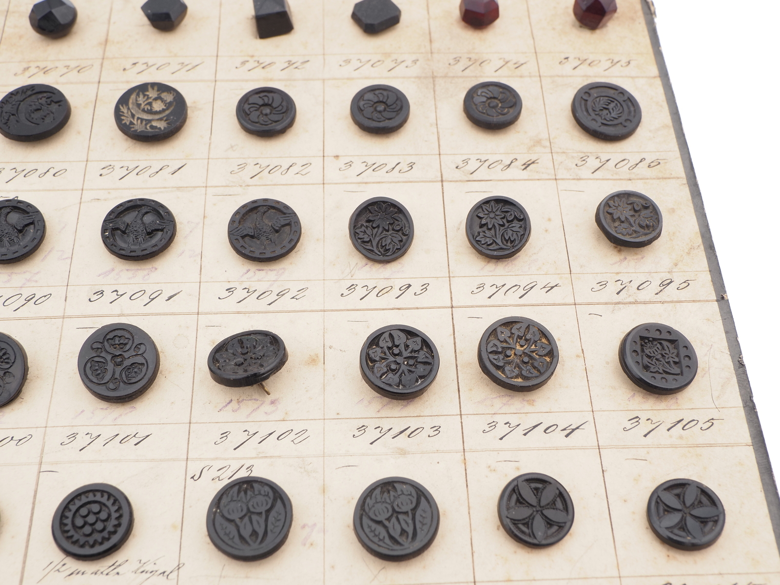 Sample card (139) Czech antique black glass buttons geometric floral carved 