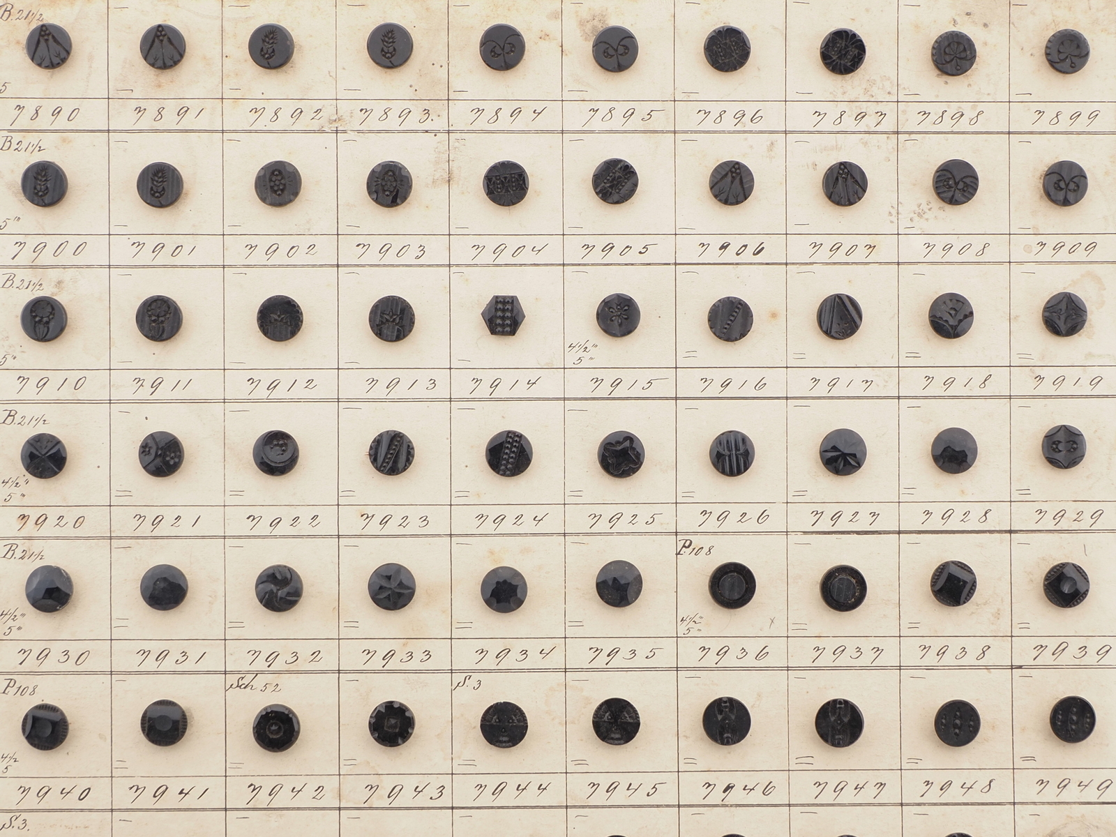 Sample card (138) Czech antique black glass buttons carved floral geometric lacy