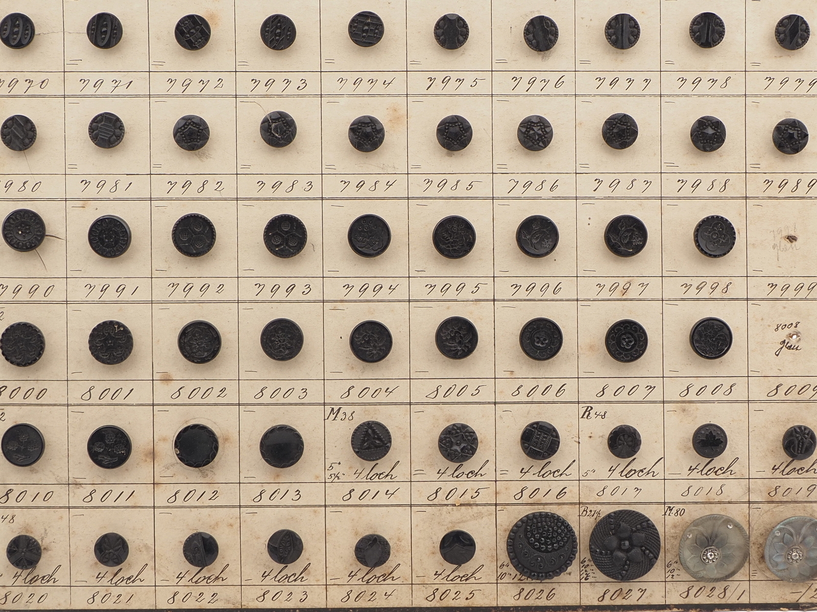 Sample card (138) Czech antique black glass buttons carved floral geometric lacy