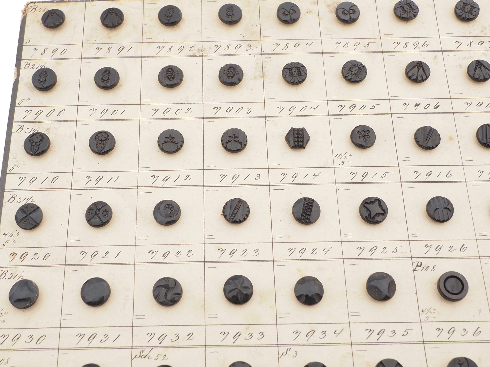 Sample card (138) Czech antique black glass buttons carved floral geometric lacy