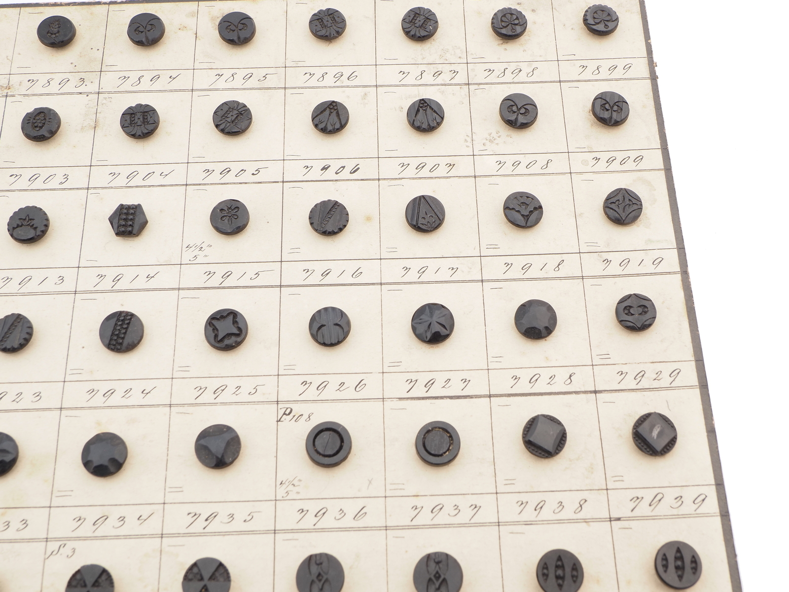 Sample card (138) Czech antique black glass buttons carved floral geometric lacy