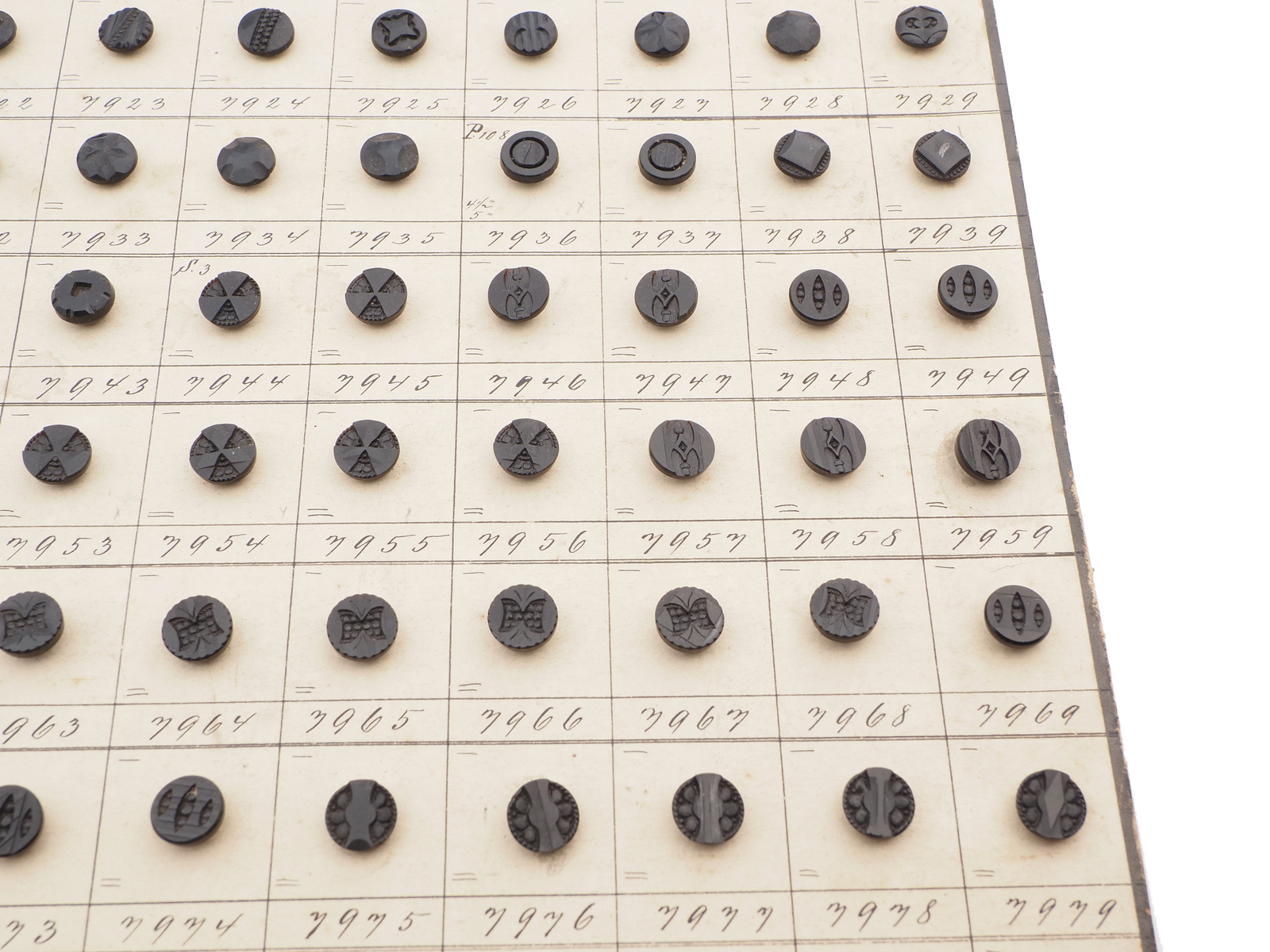 Sample card (138) Czech antique black glass buttons carved floral geometric lacy