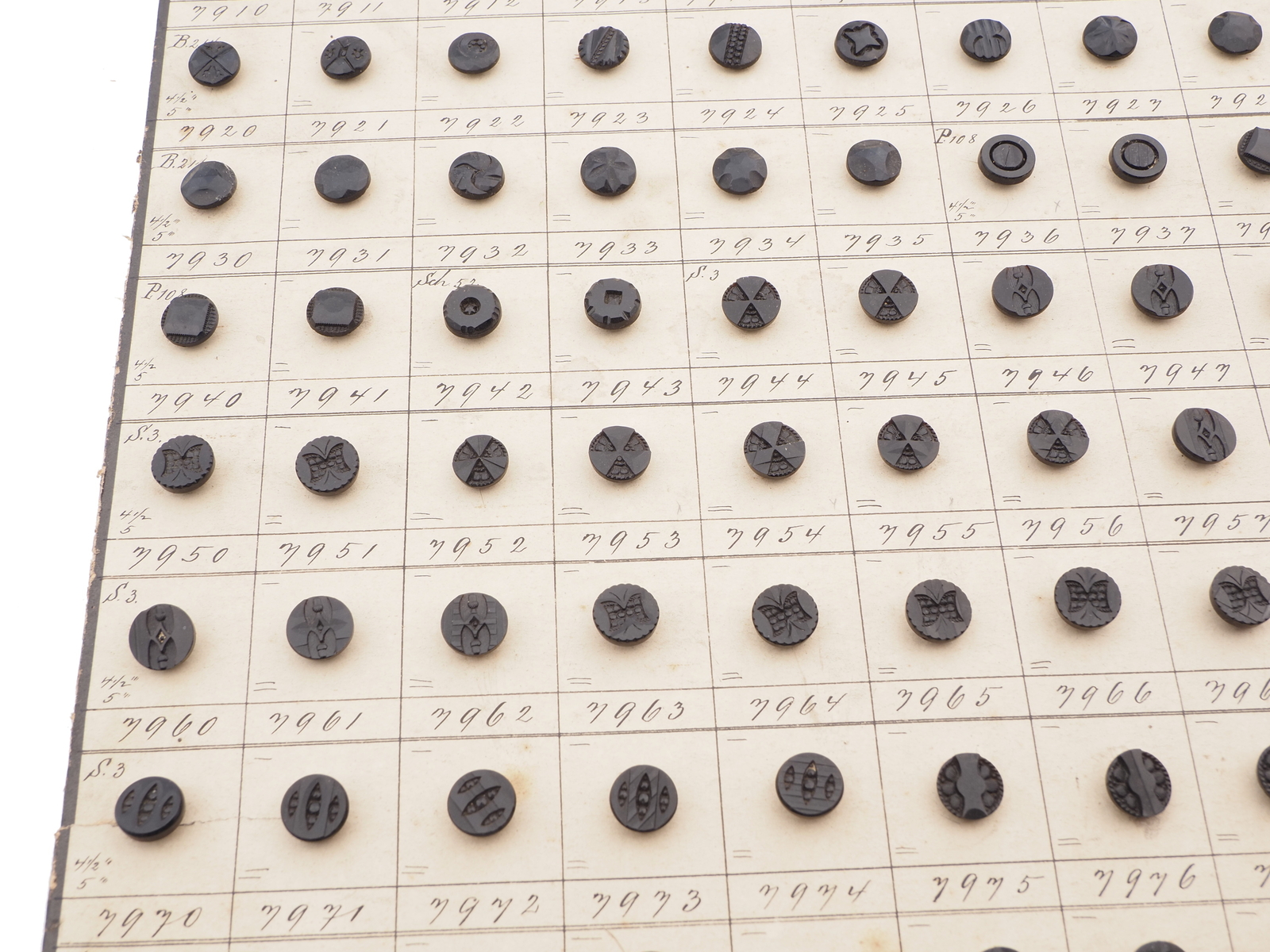 Sample card (138) Czech antique black glass buttons carved floral geometric lacy