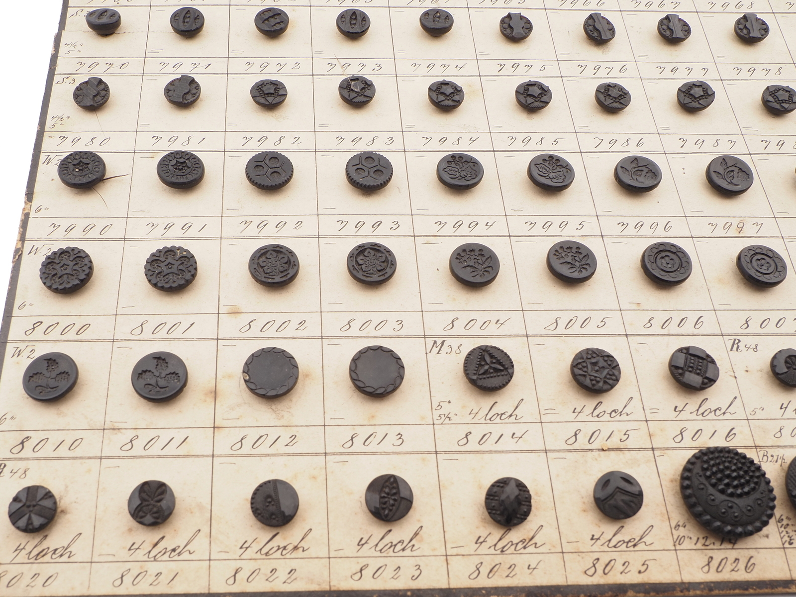 Sample card (138) Czech antique black glass buttons carved floral geometric lacy
