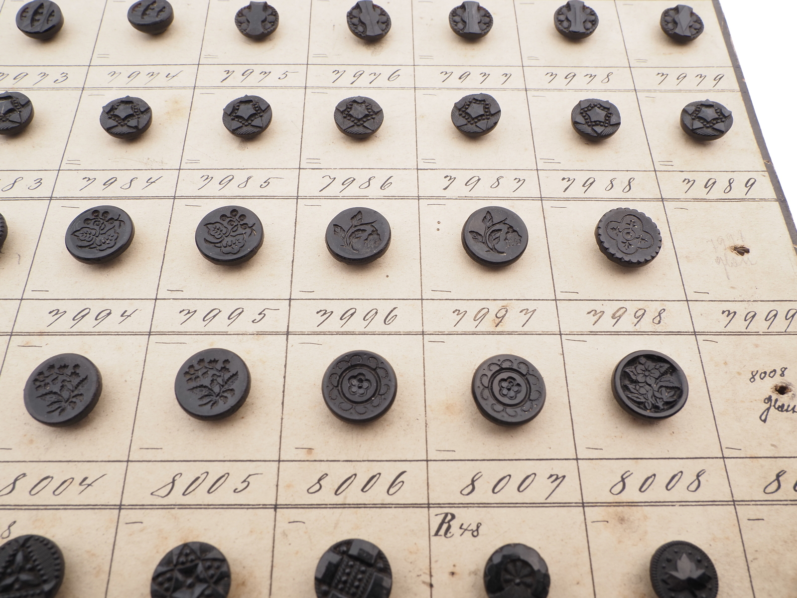 Sample card (138) Czech antique black glass buttons carved floral geometric lacy