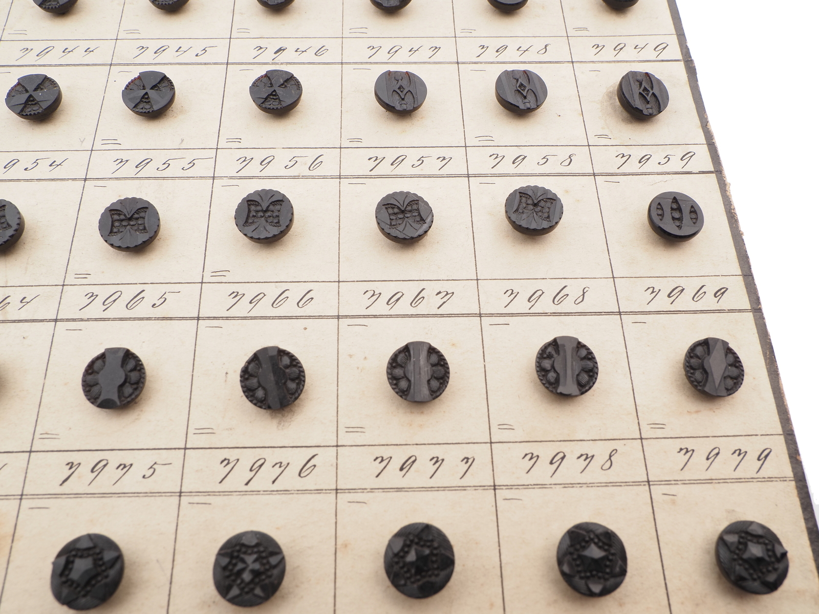 Sample card (138) Czech antique black glass buttons carved floral geometric lacy