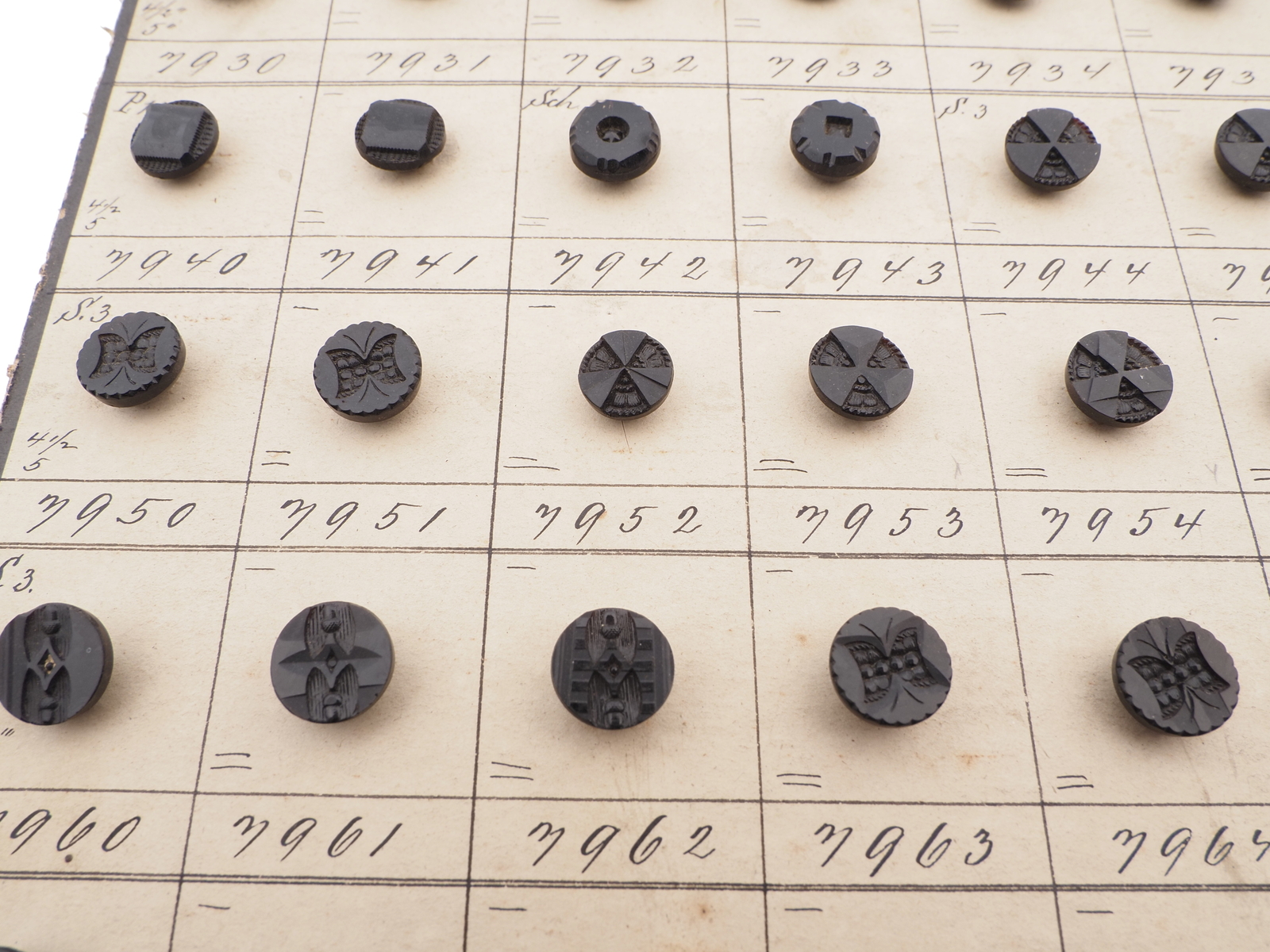 Sample card (138) Czech antique black glass buttons carved floral geometric lacy
