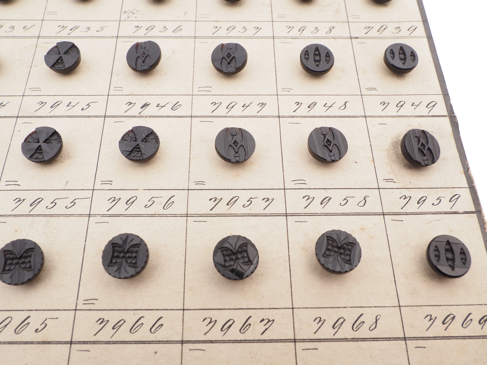 Sample card (138) Czech antique black glass buttons carved floral geometric lacy