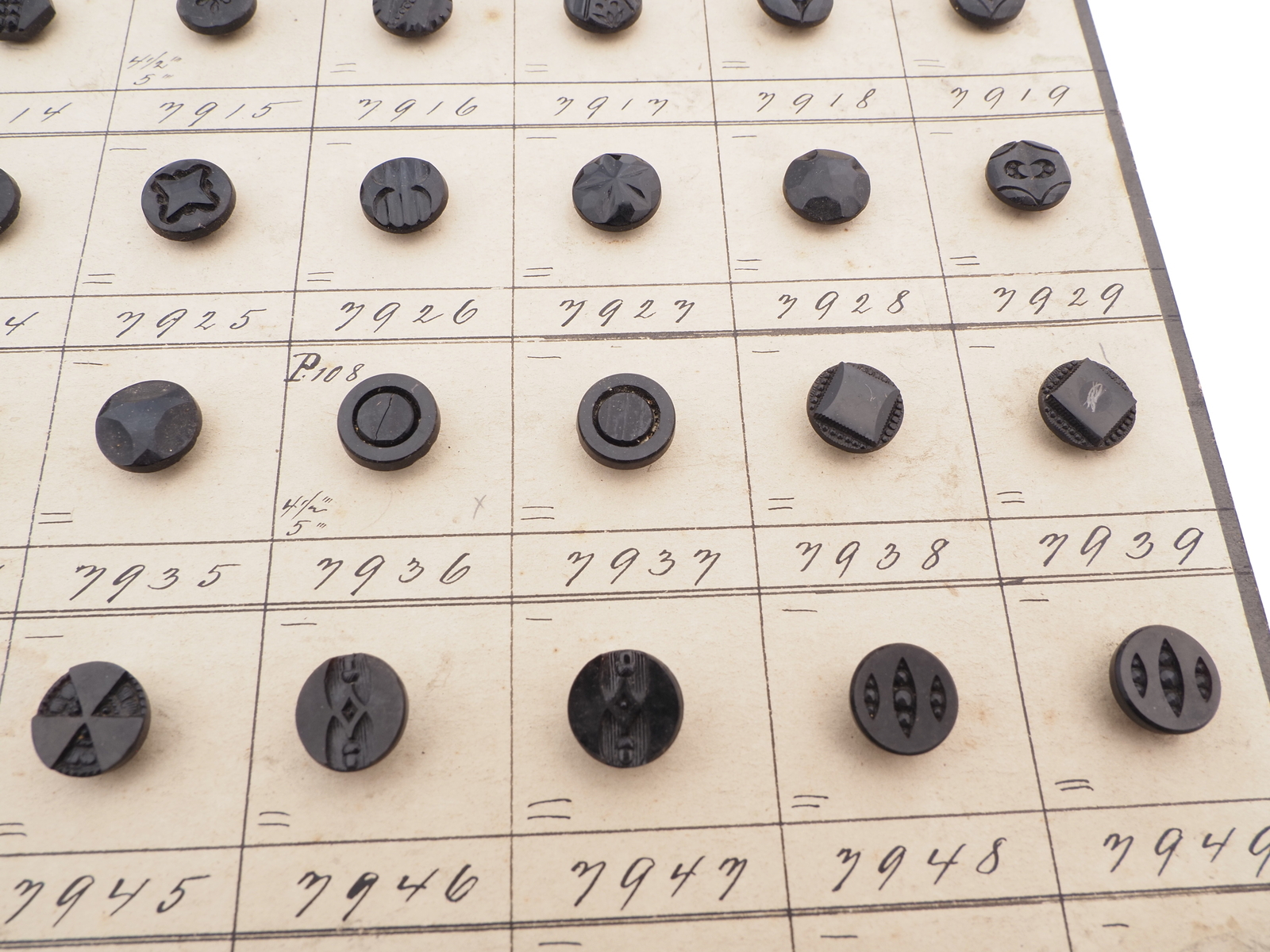 Sample card (138) Czech antique black glass buttons carved floral geometric lacy