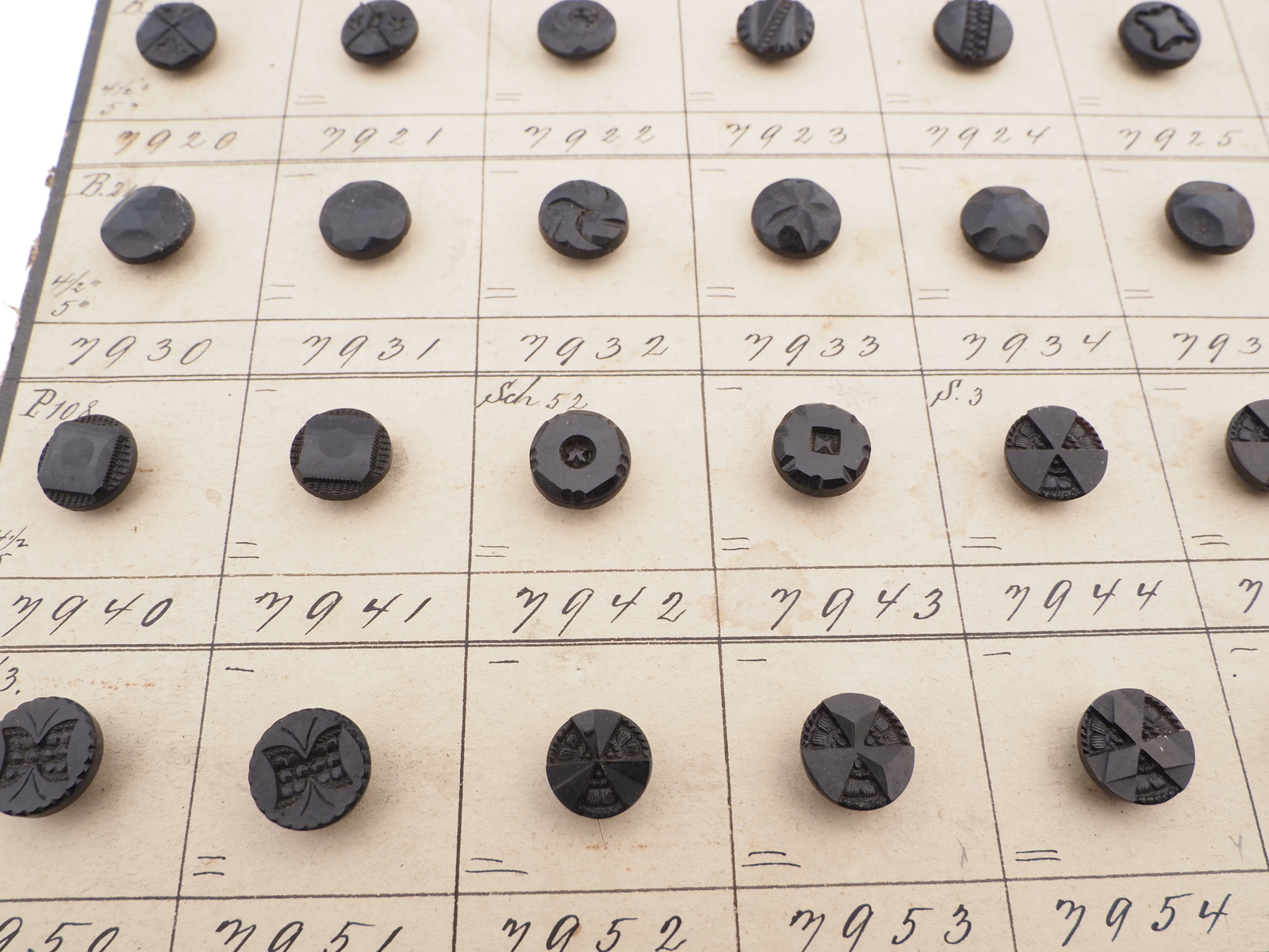 Sample card (138) Czech antique black glass buttons carved floral geometric lacy