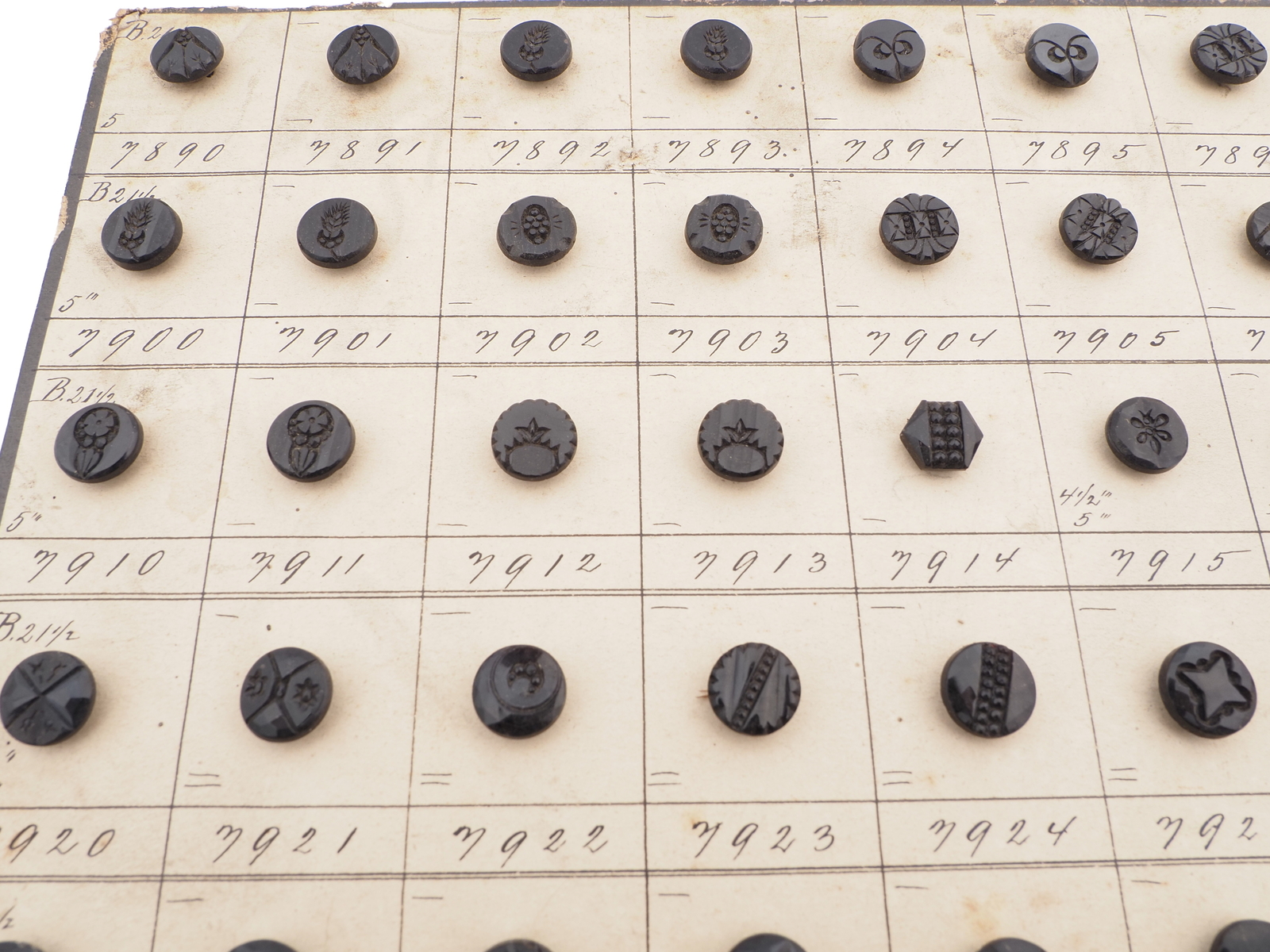 Sample card (138) Czech antique black glass buttons carved floral geometric lacy