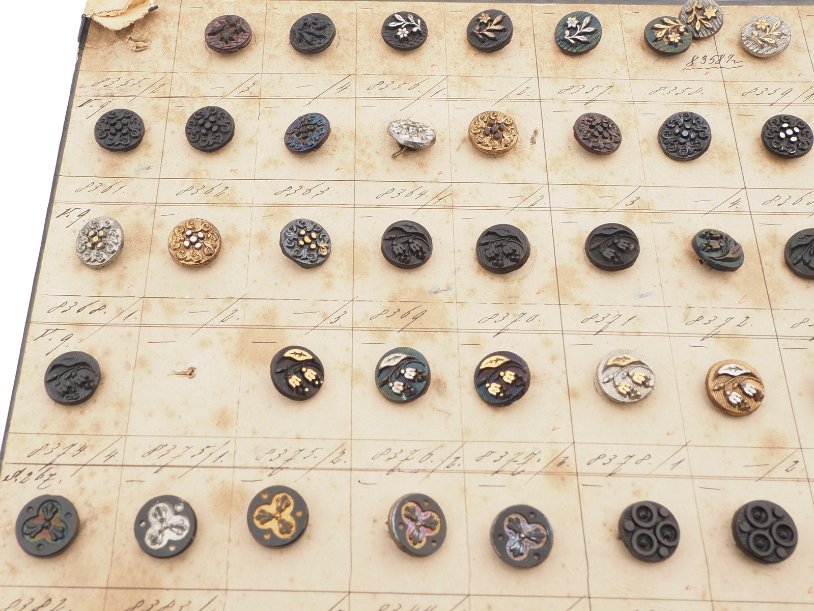 Sample card (155) Czech antique glass buttons flower bird butterfly
