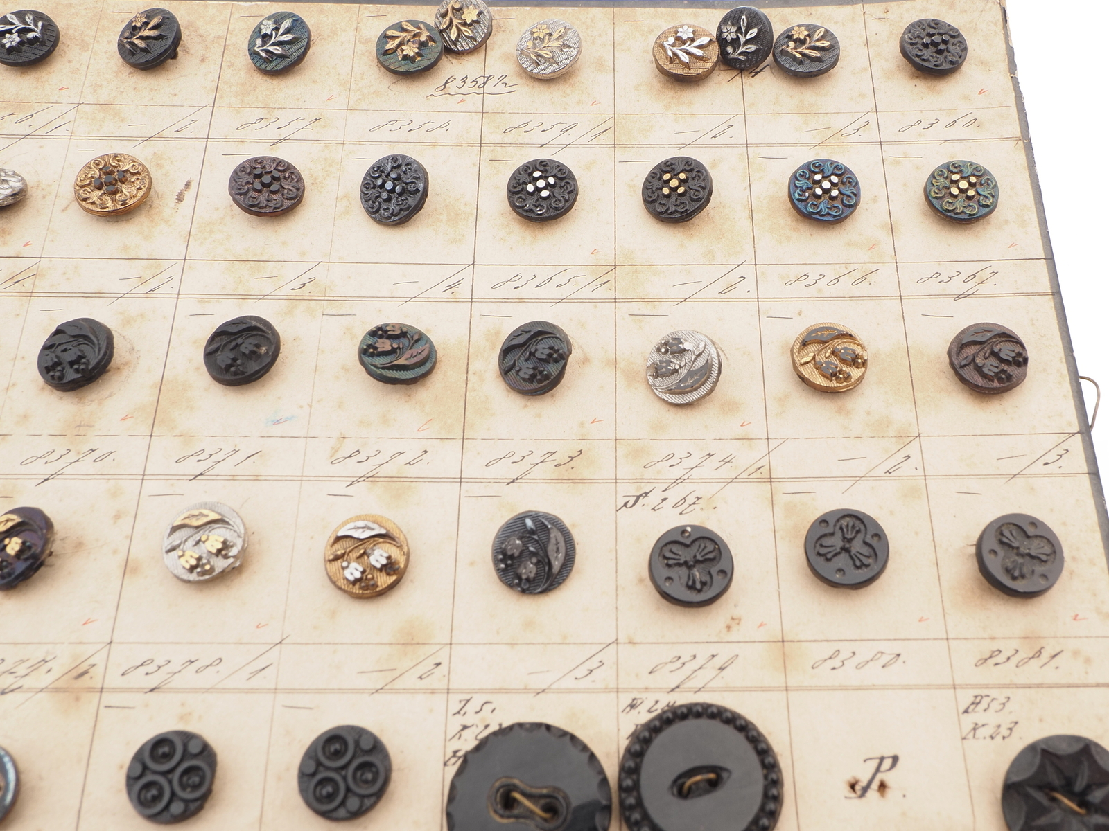 Sample card (155) Czech antique glass buttons flower bird butterfly