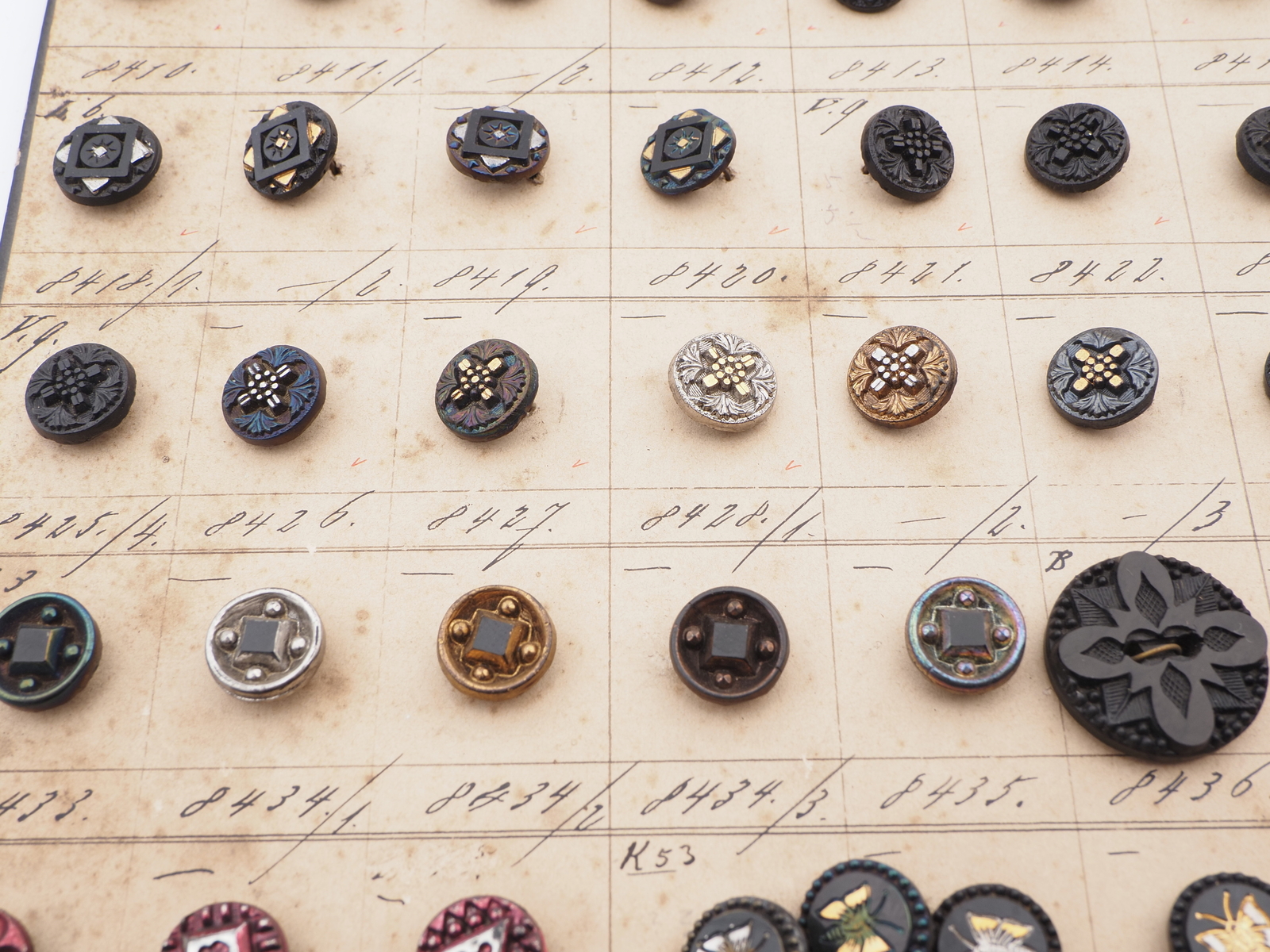 Sample card (155) Czech antique glass buttons flower bird butterfly