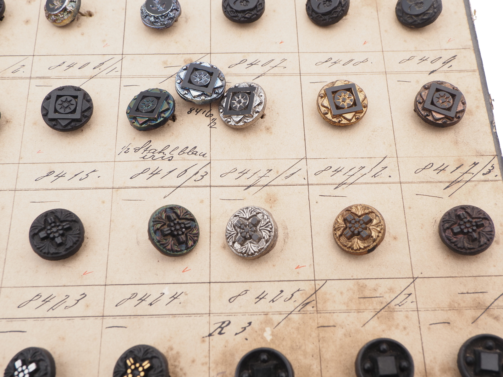 Sample card (155) Czech antique glass buttons flower bird butterfly