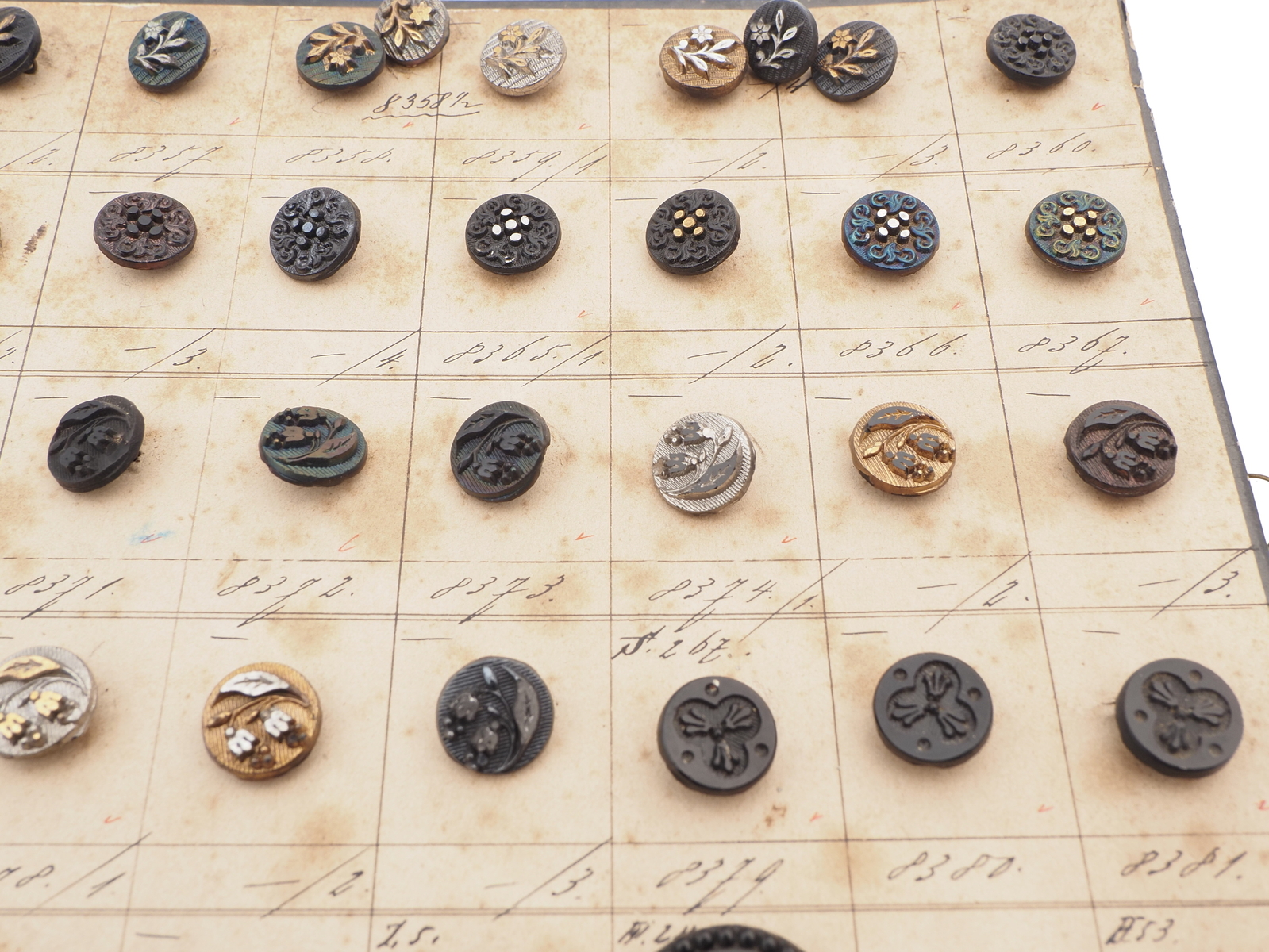 Sample card (155) Czech antique glass buttons flower bird butterfly