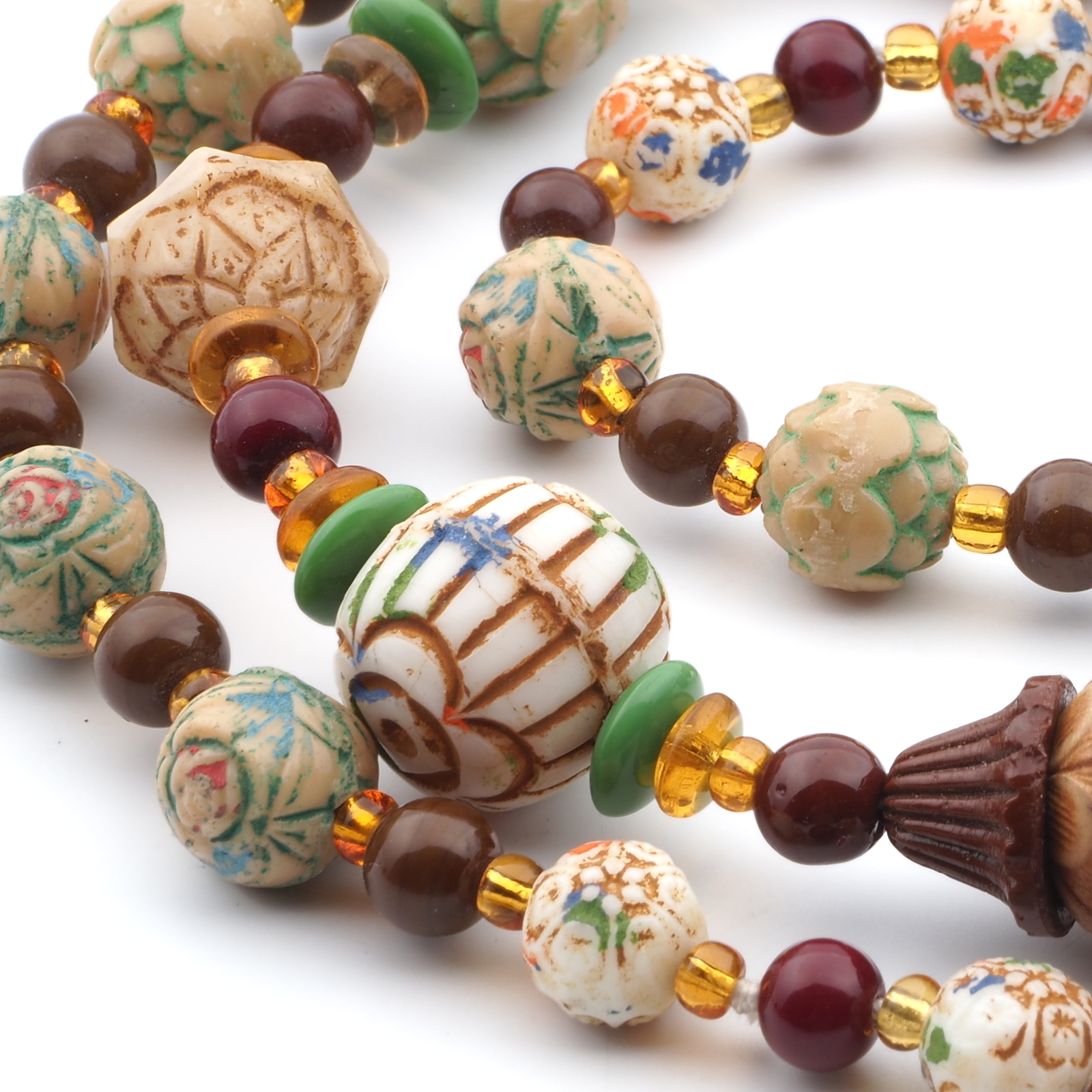 Pr Vintage Czech Egyptian Revival Art Deco Glass Beads Orange Blk Brn 23x15x12mm 