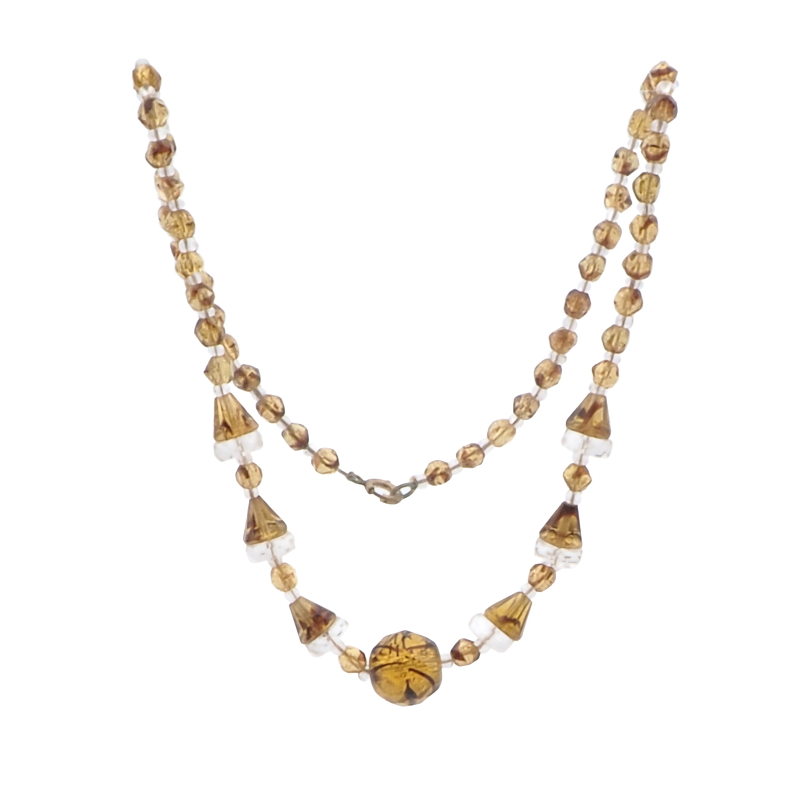 Vintage Czech necklace crystal clear tortoise topaz bicolor faceted glass beads