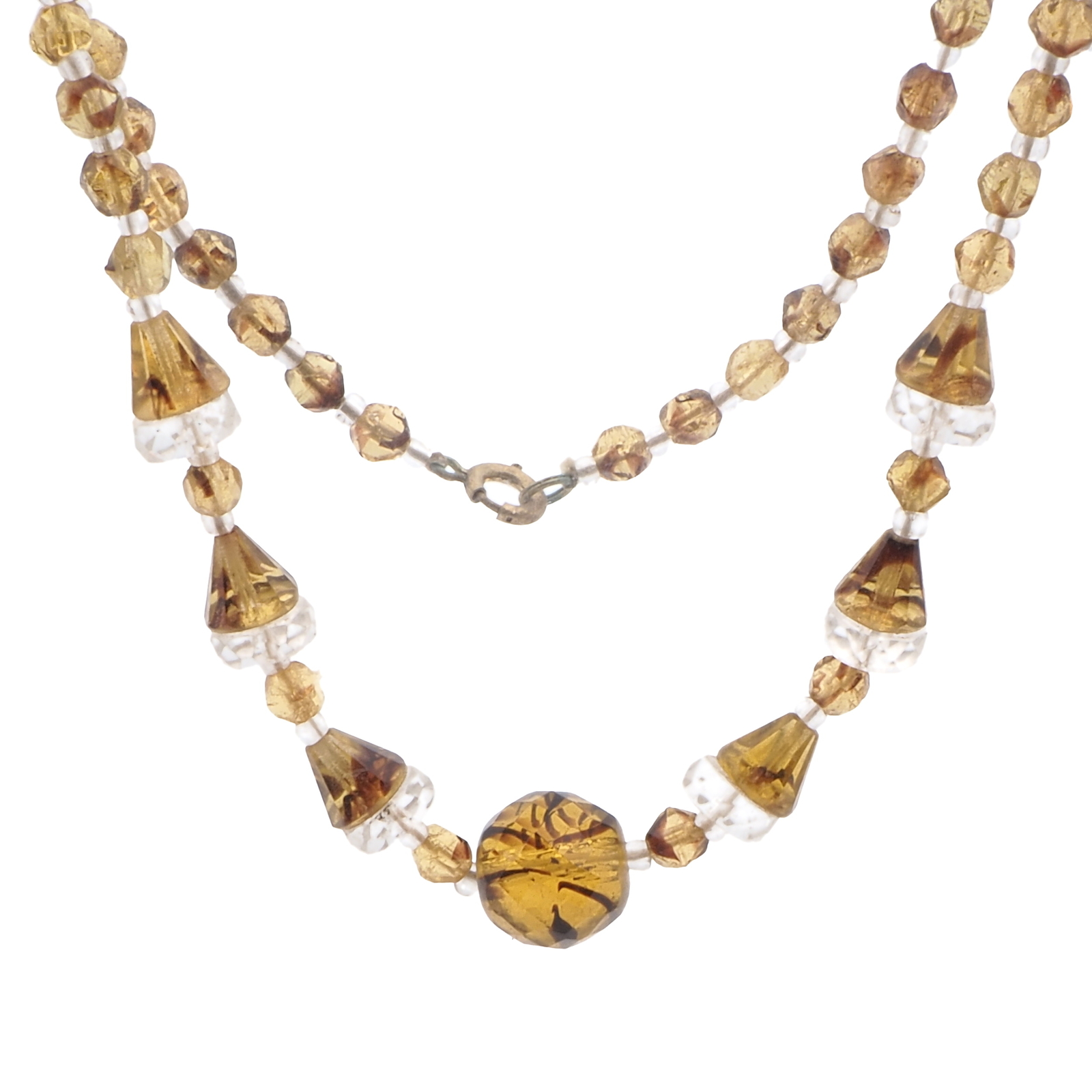 Vintage Czech necklace crystal clear tortoise topaz bicolor faceted glass beads
