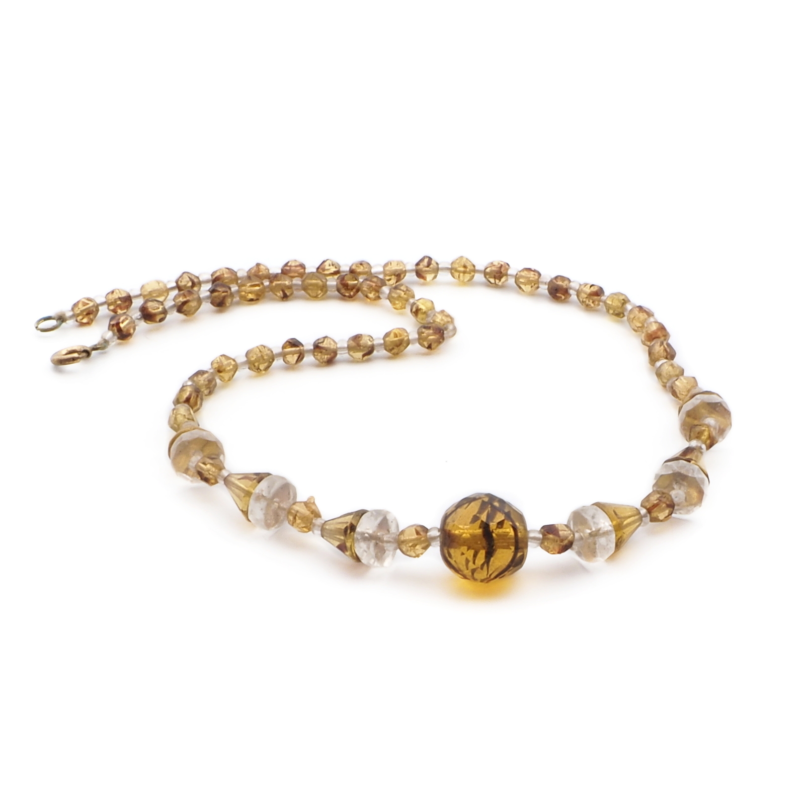 Vintage Czech necklace crystal clear tortoise topaz bicolor faceted glass beads