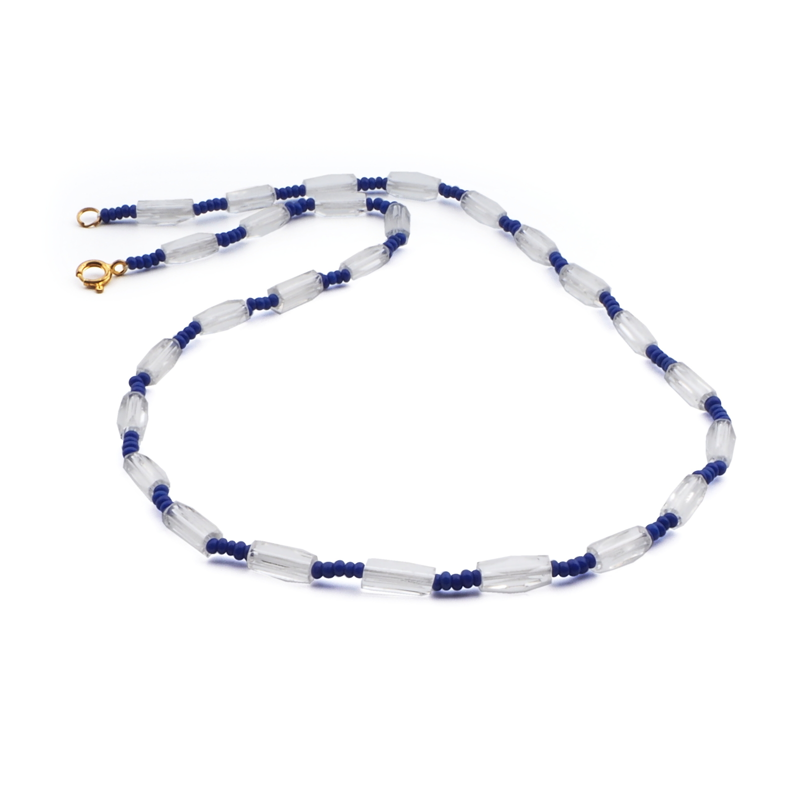Vintage Czech necklace hexagon faceted clear bugle blue seed glass beads
