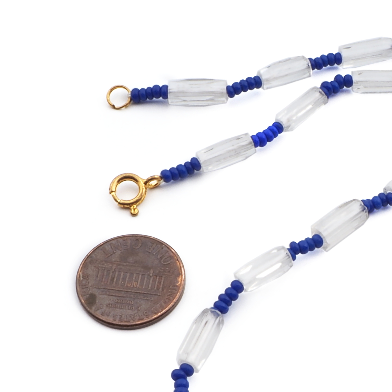 Vintage Czech necklace hexagon faceted clear bugle blue seed glass beads