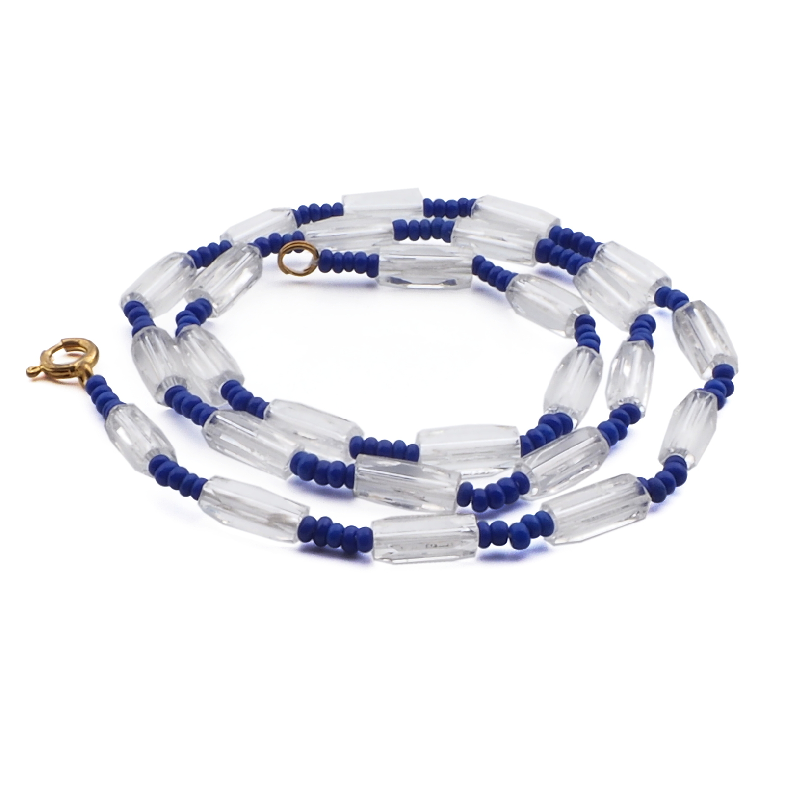 Vintage Czech necklace hexagon faceted clear bugle blue seed glass beads
