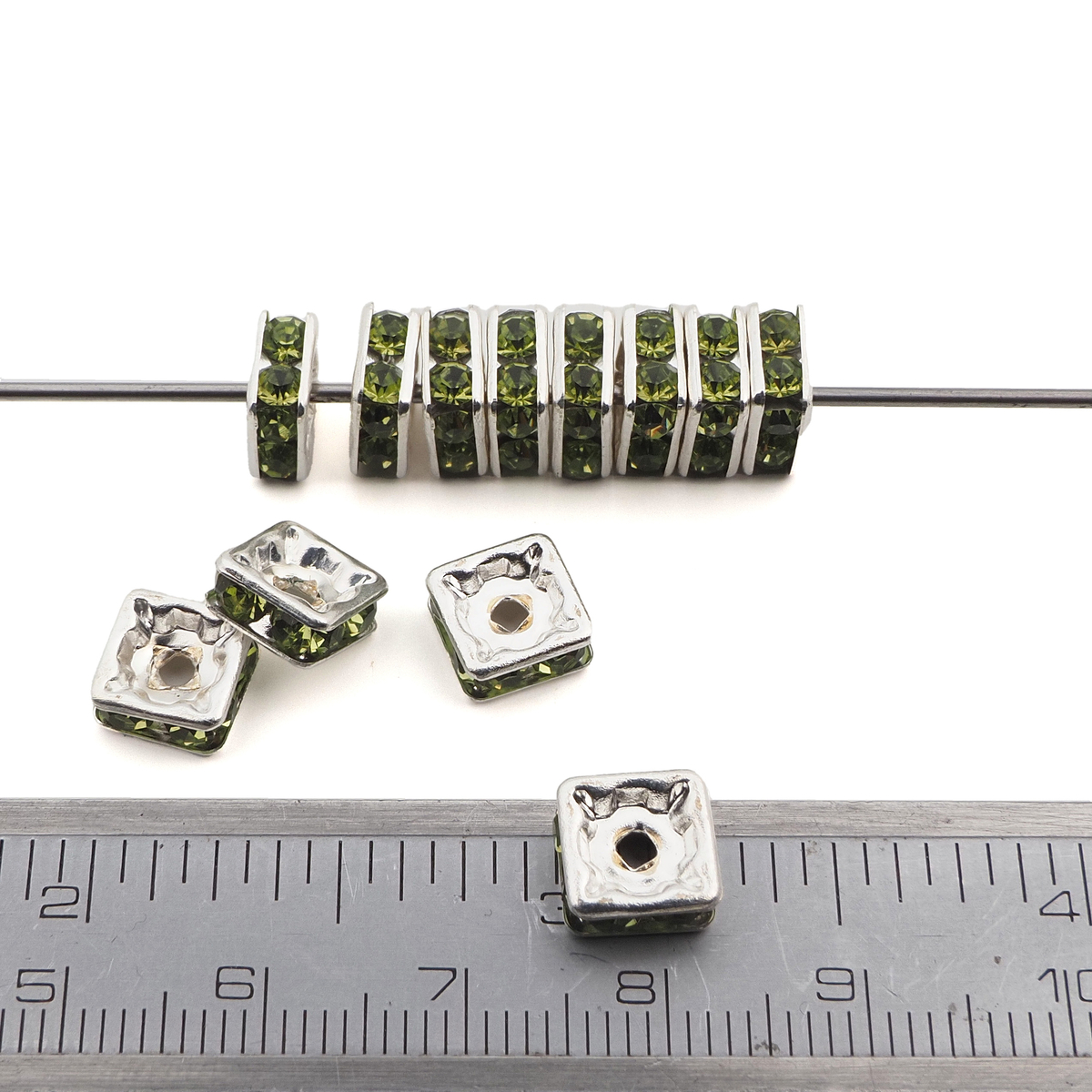 Lot 12 pcs 8x8mm Czech Green Olivine silver plated Square rondelles Rhinestone Spacer beads jewelry findings