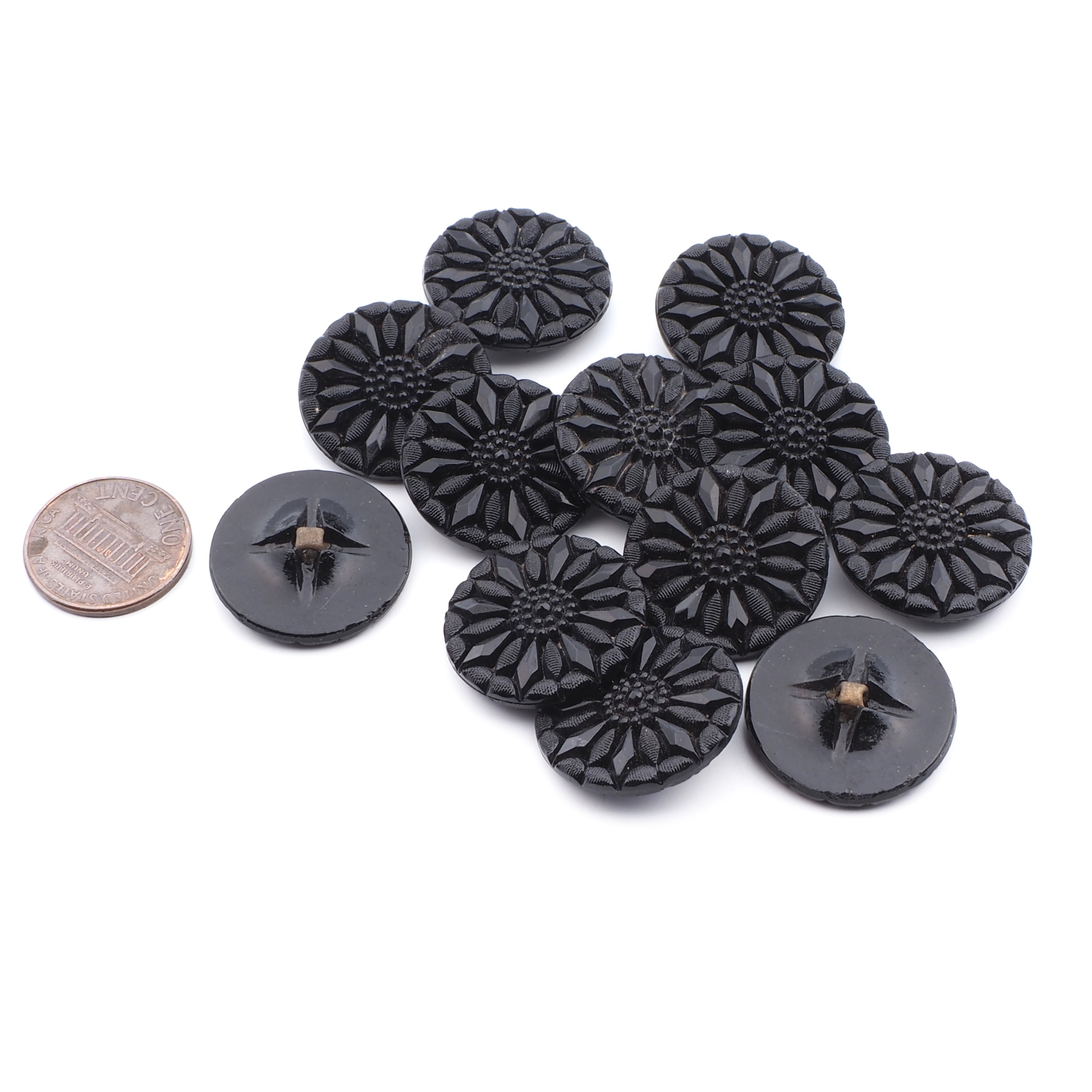 Lot (12) vintage Czech black geometric marcasite flower glass buttons 23mm