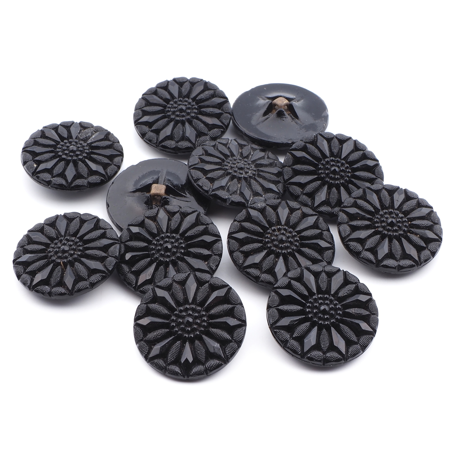 Lot (12) vintage Czech black geometric marcasite flower glass buttons 23mm
