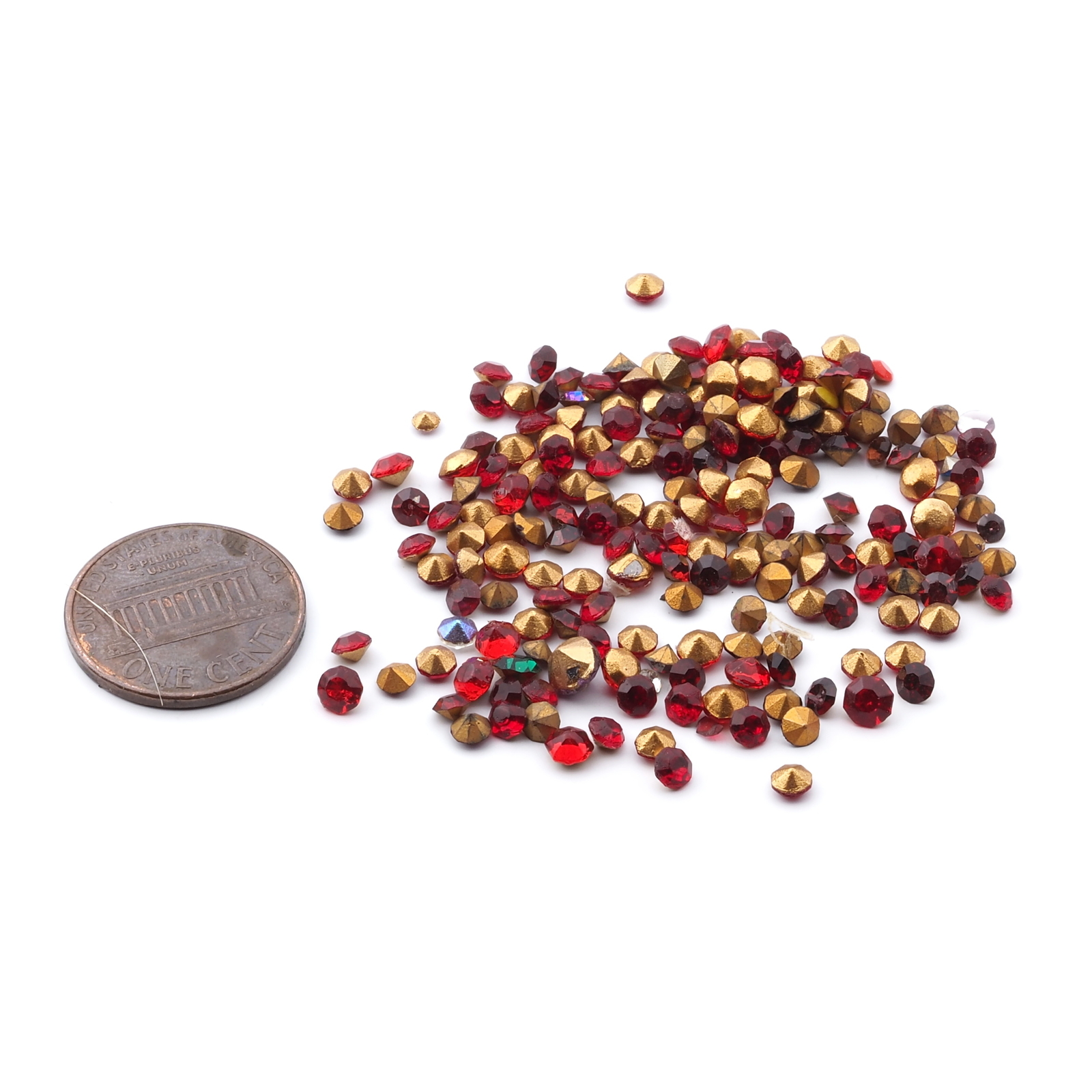Lot (175) Czech vintage foiled round faceted ruby red glass rhinestones 2-4mm