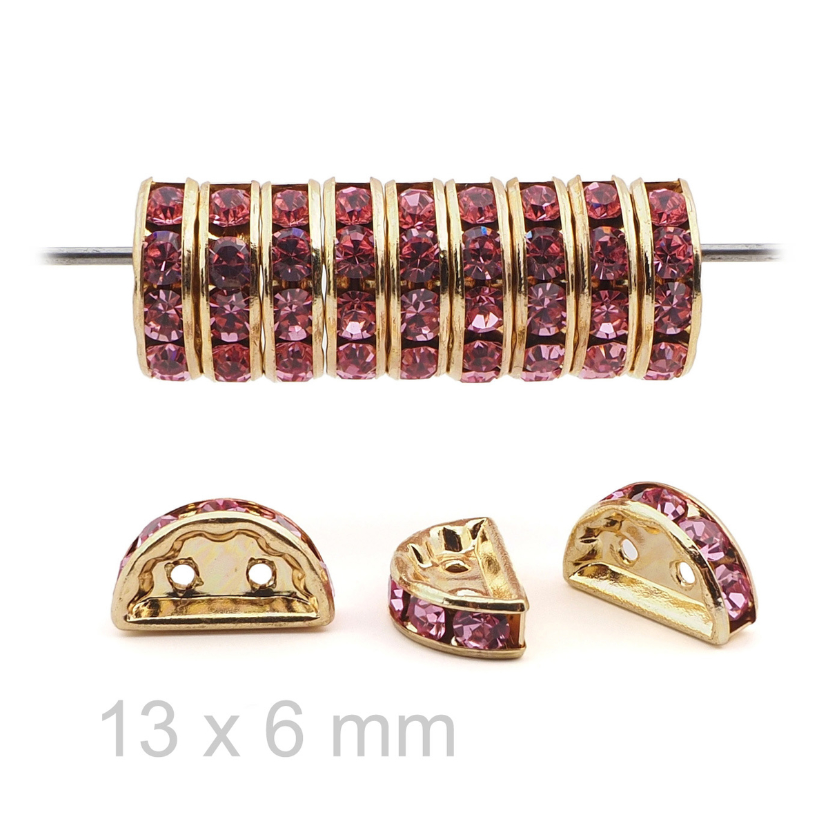 12 pcs 13x6mm Czech Rosa Pink gold plated Half Moon Rhinestone Spacer beads 2 holes jewelry findings