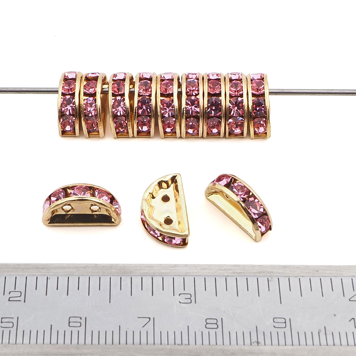 12 pcs 13x6mm Czech Rosa Pink gold plated Half Moon Rhinestone Spacer beads 2 holes jewelry findings