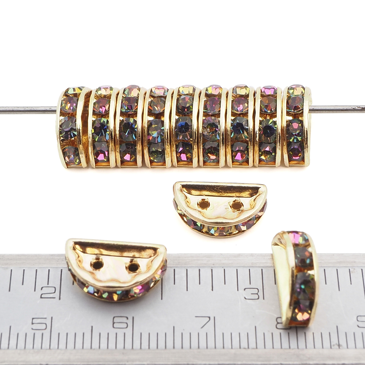 12 pcs 13x6mm Czech Rainbow Vitrail Med. gold plated Half Moon Rhinestone Spacer beads 2 holes jewelry findings