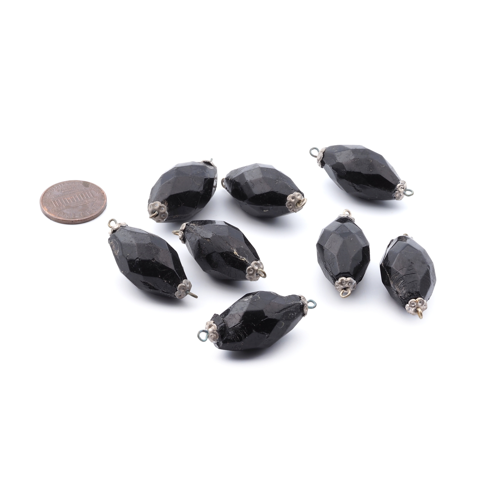 Lot (8) antique Victorian Czech black oval connector glass beads 25mm