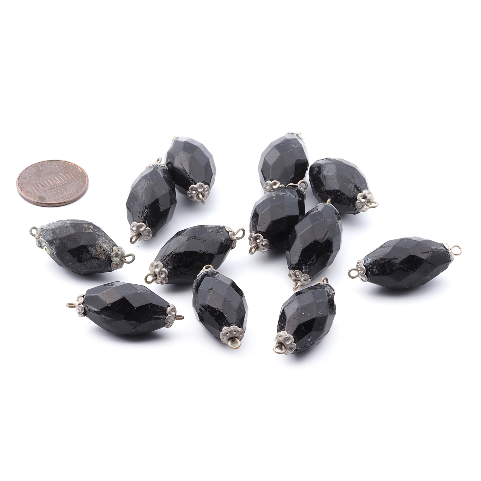 Lot (12) antique Victorian Czech black oval connector glass beads 23mm