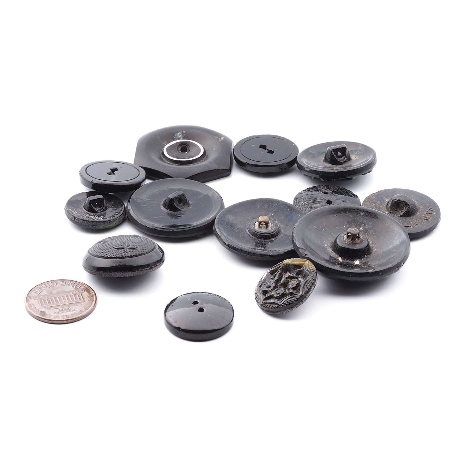 Lot (13) Czech 1920's Art Deco vintage geometric, gnome and floral black glass buttons